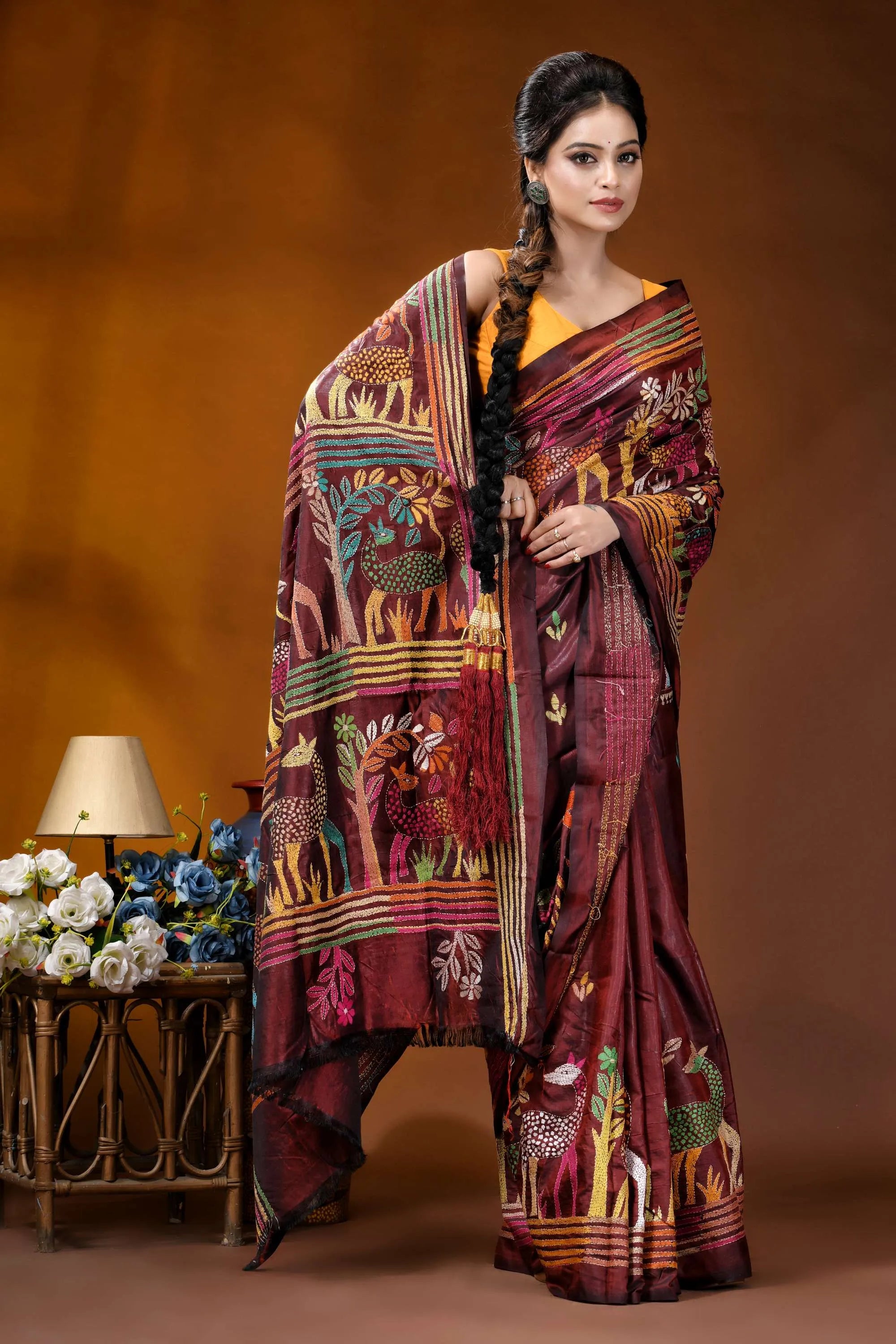 Handcrafted deer motif multi-thread silk kantha saree in persian plum rich maroon silk saree adorned 4