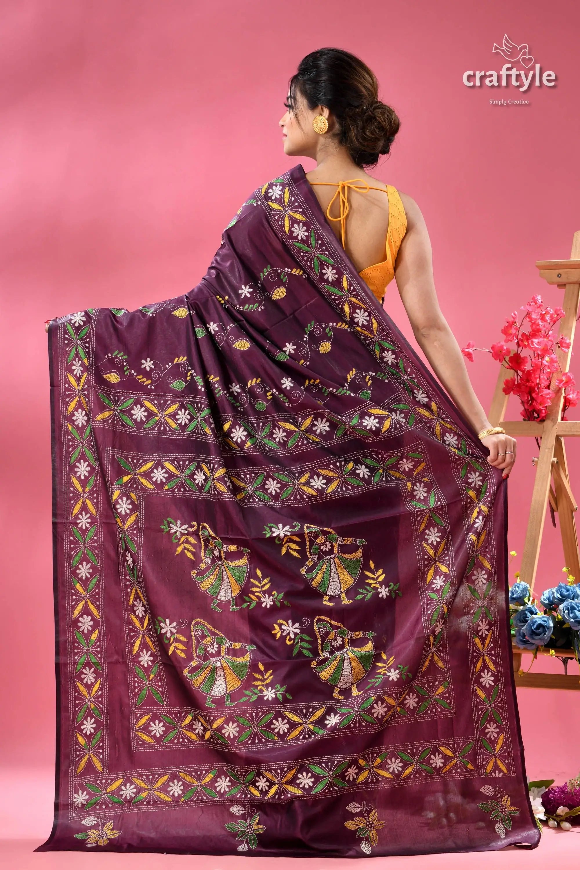 Handcrafted designer plum kantha stitch saree woman dark purple kantha stitch 5