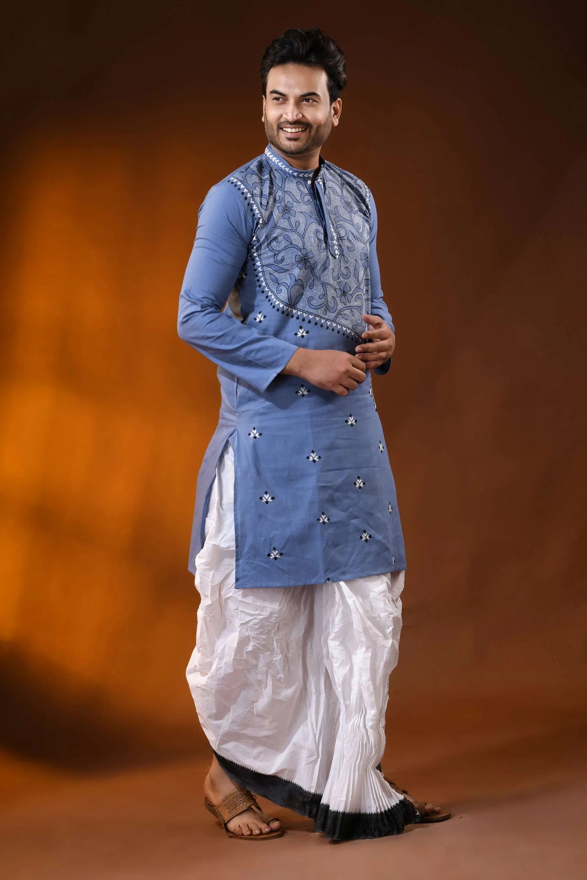 Handcrafted dusty blue cotton kantha punjabi for men - floral vine design 4