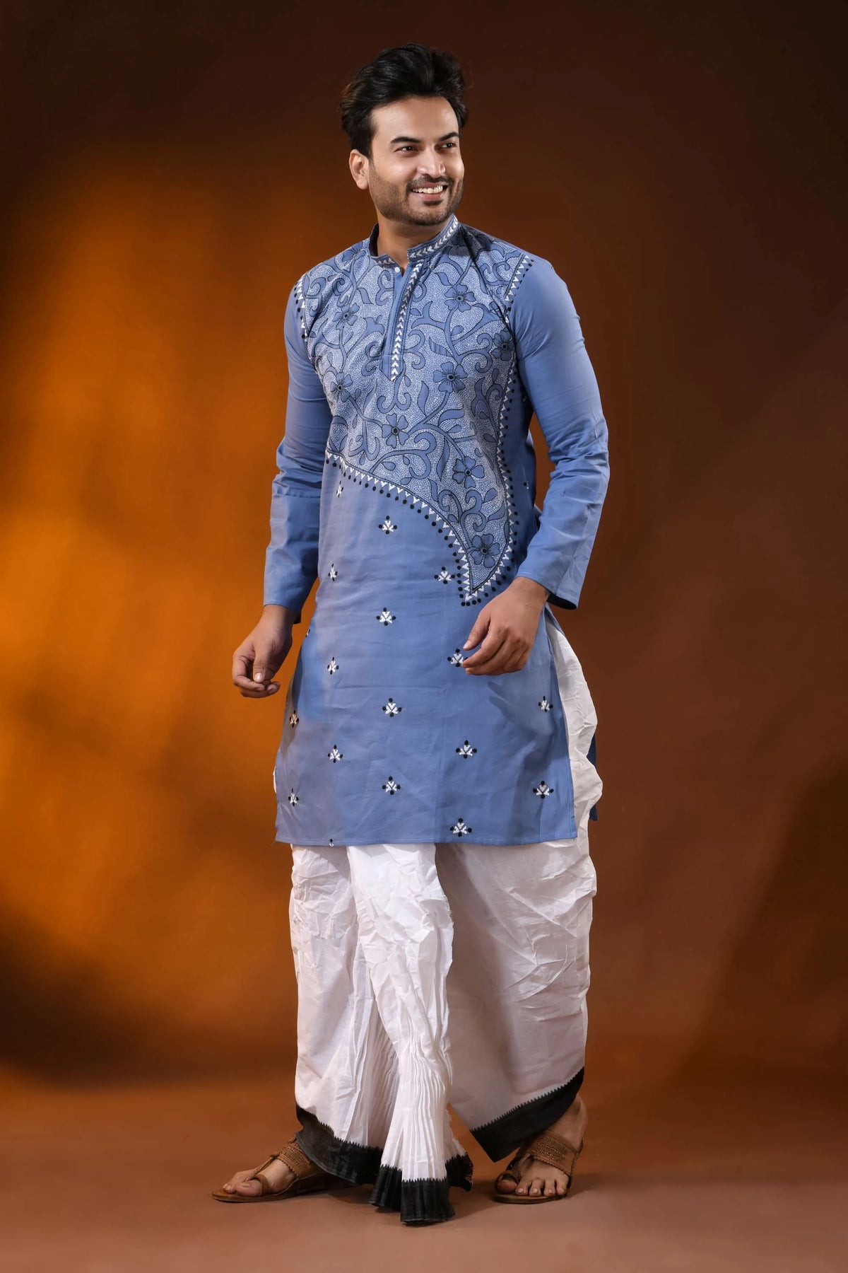 Handcrafted dusty blue cotton kantha punjabi for men - floral vine design 6