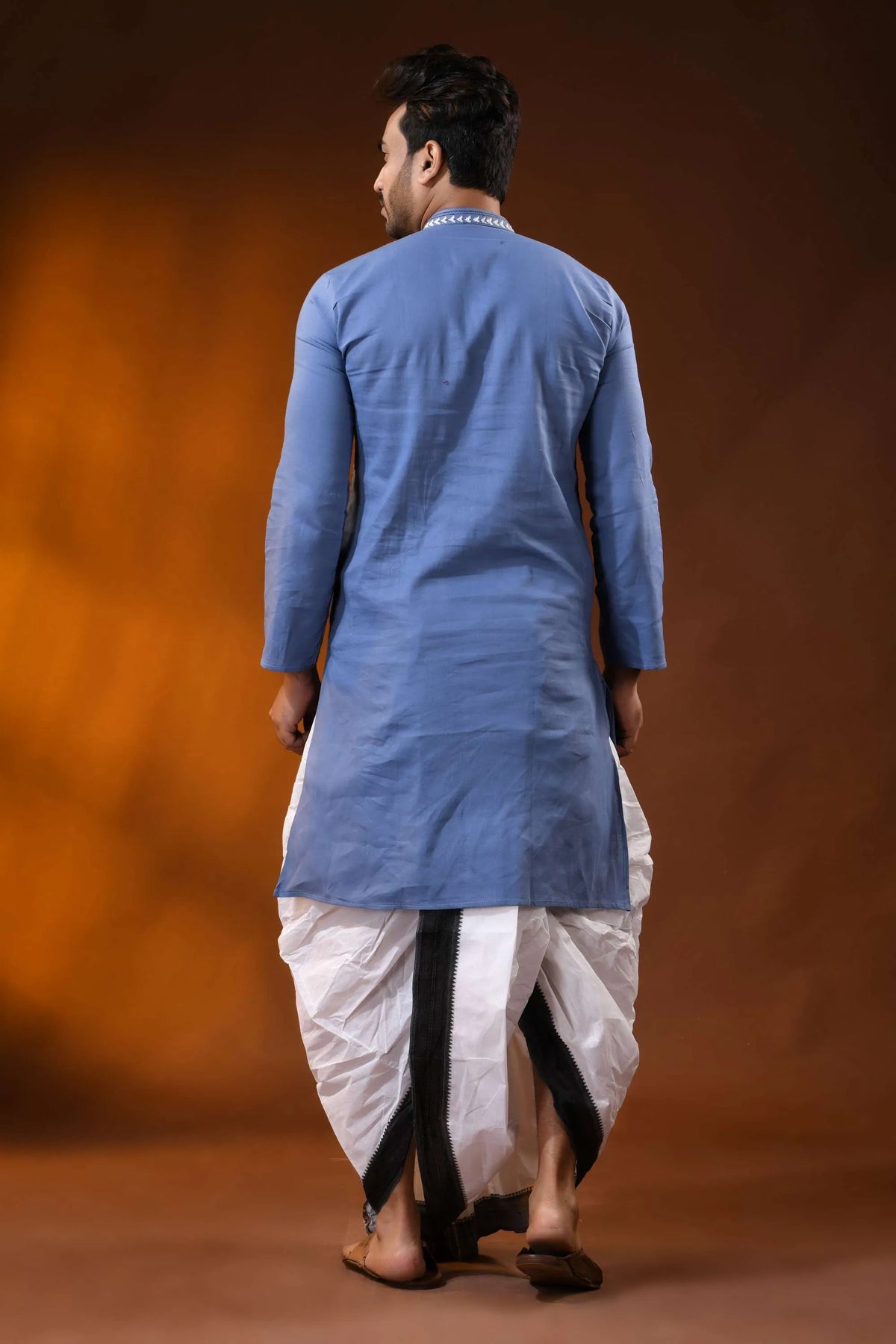 Handcrafted dusty blue cotton kantha punjabi for men - floral vine design 5