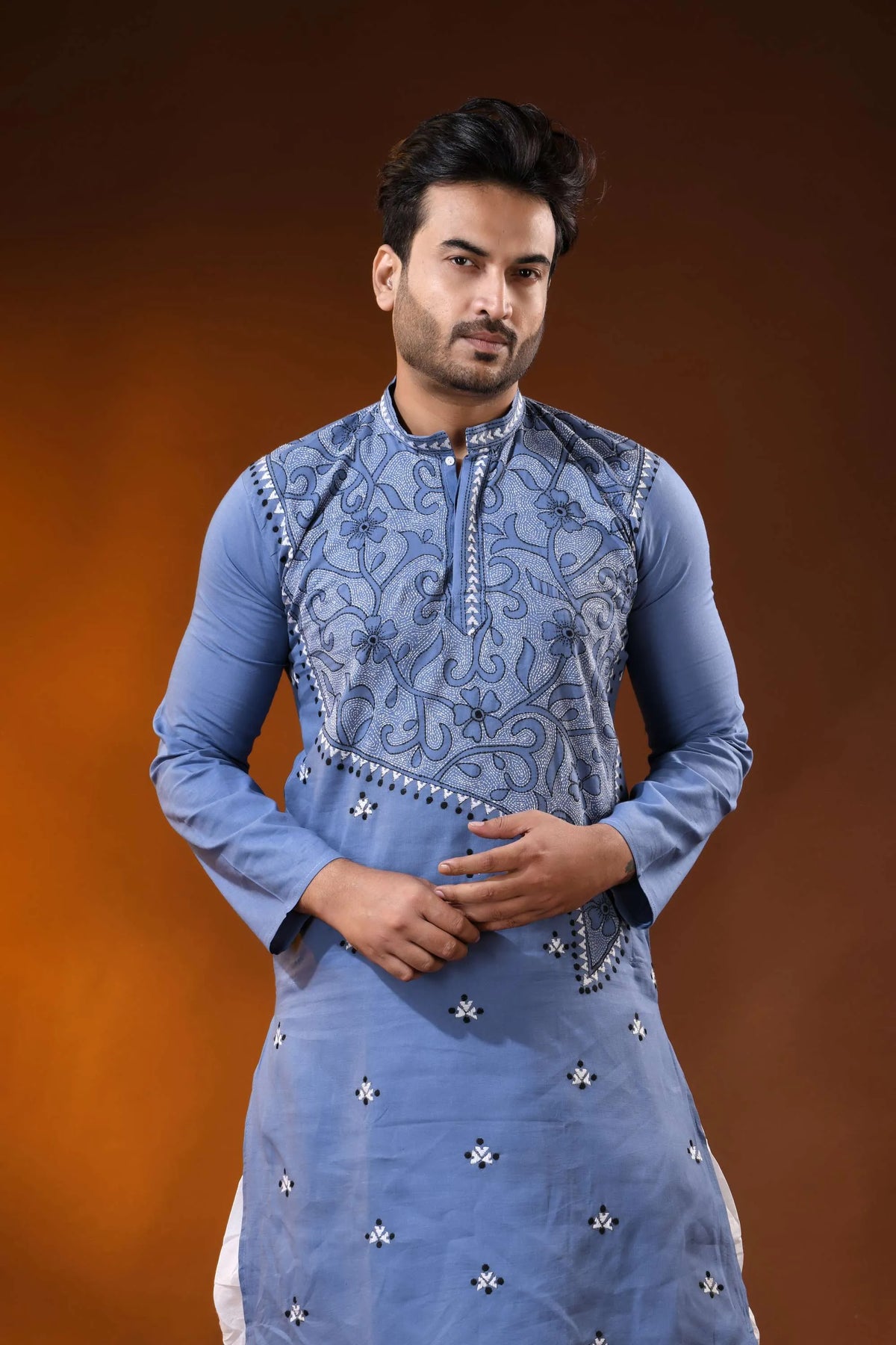 Handcrafted dusty blue cotton kantha punjabi for men - floral vine design 2