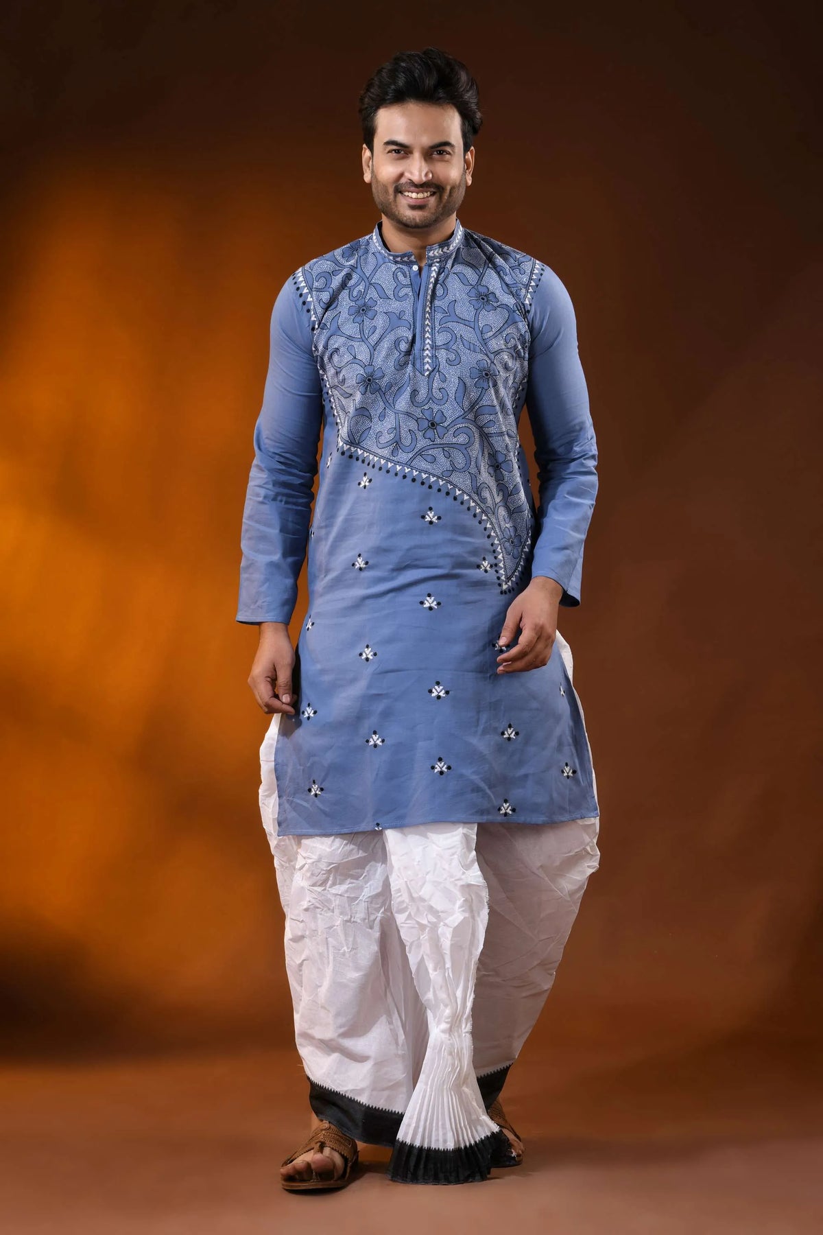 Handcrafted dusty blue cotton kantha punjabi for men - floral vine design 1