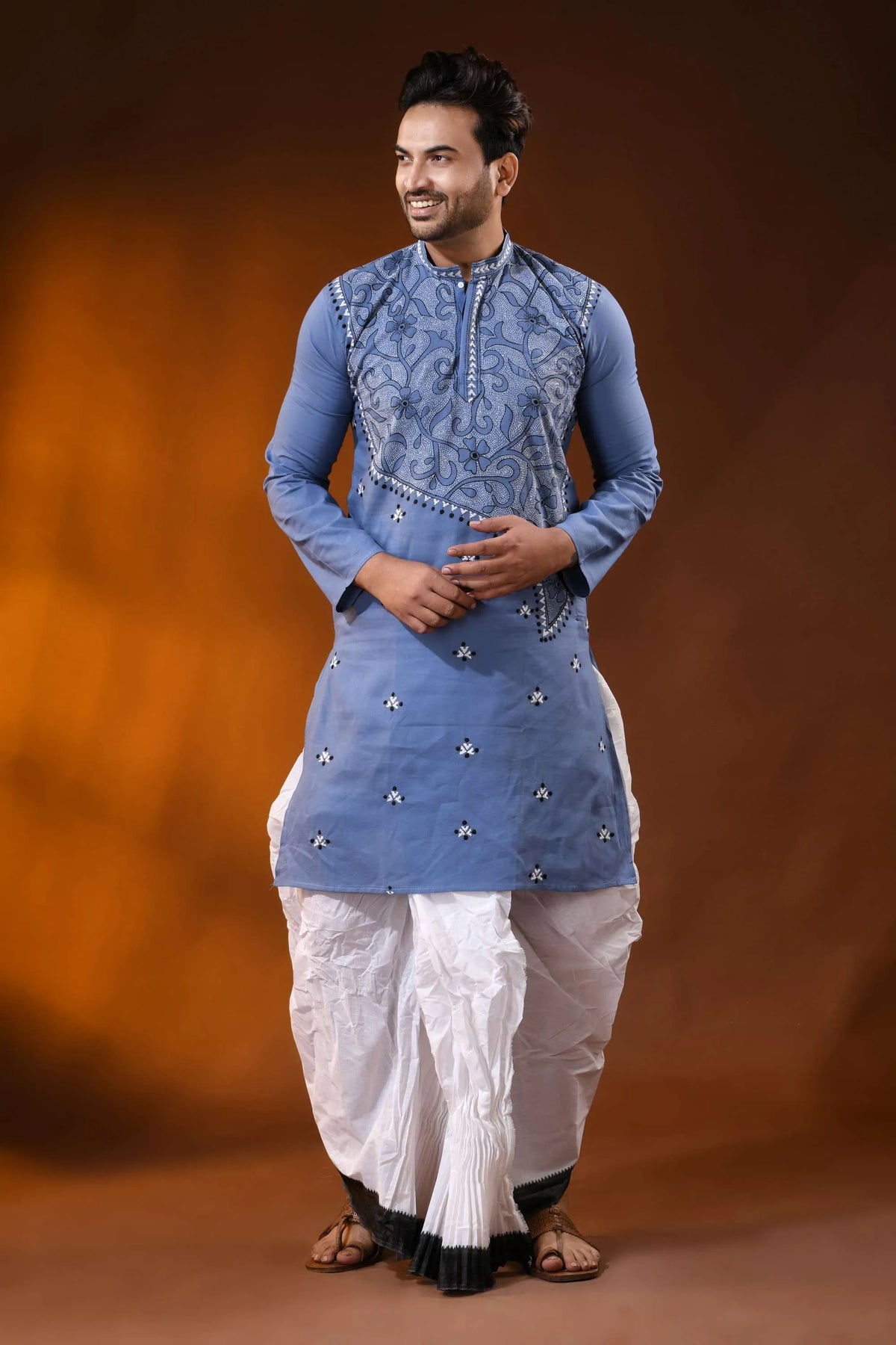 Handcrafted dusty blue cotton kantha punjabi for men - floral vine design 3