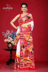 Handcrafted fish design batik pure cotton saree - ideal for any occasion woman red white saree fish 1