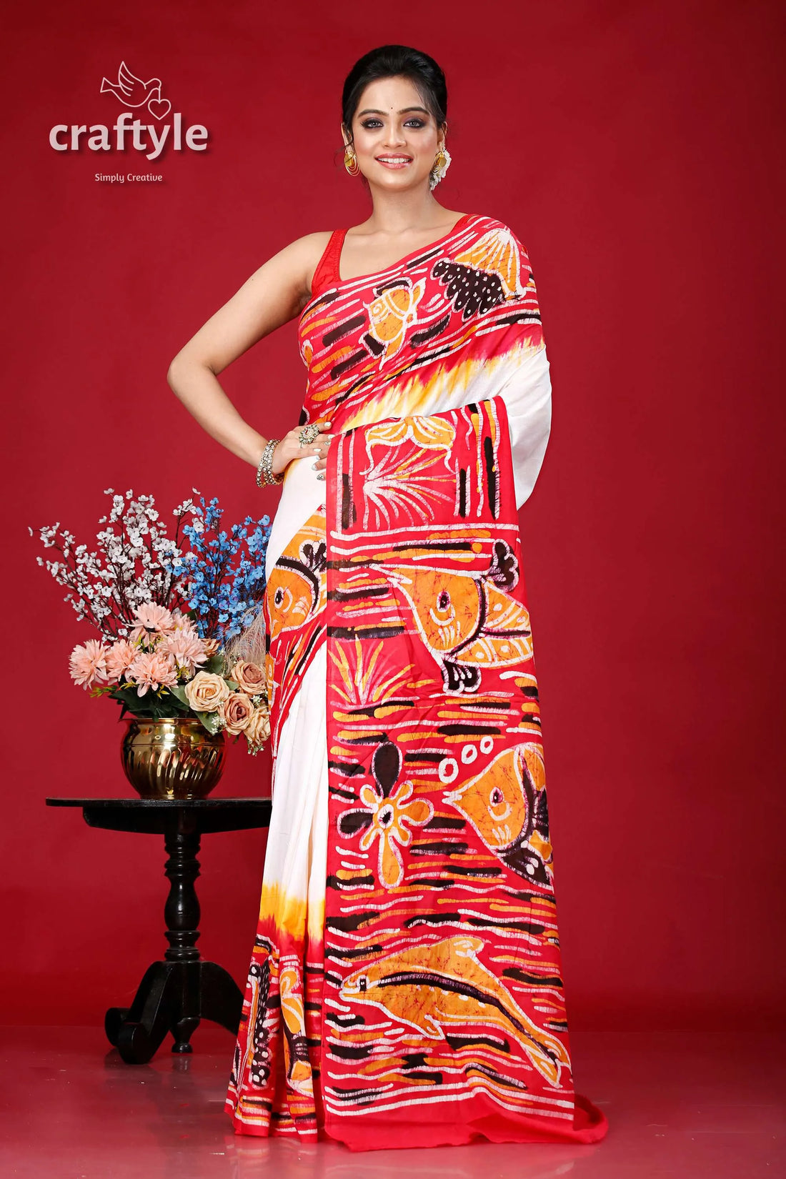 Handcrafted fish design batik pure cotton saree - ideal for any occasion woman red white 1