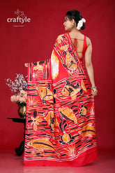 Handcrafted fish design batik pure cotton saree - ideal for any occasion red batik saree fish floral 5