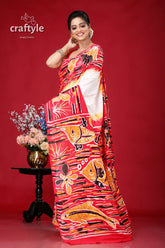 Handcrafted fish design batik pure cotton saree - ideal for any occasion red white saree fish floral 4