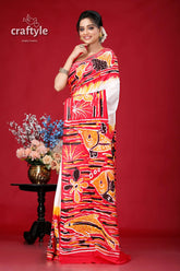 Handcrafted fish design batik pure cotton saree - ideal for any occasion woman red white fish-patterned sari 3