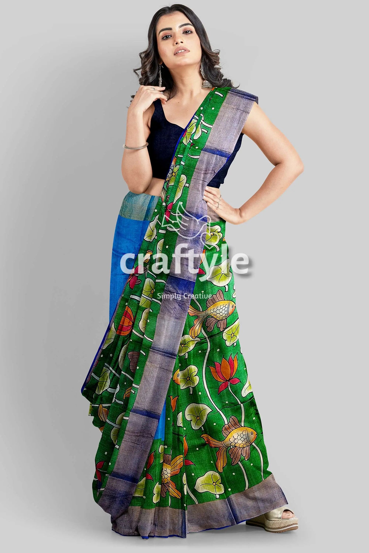 Handcrafted fish motif pure tussar kalamkari saree with zari border - spanish green woman green blue saree 3