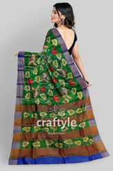 Handcrafted fish motif pure tussar kalamkari saree with zari border - spanish green green saree bird leaf pattern 5