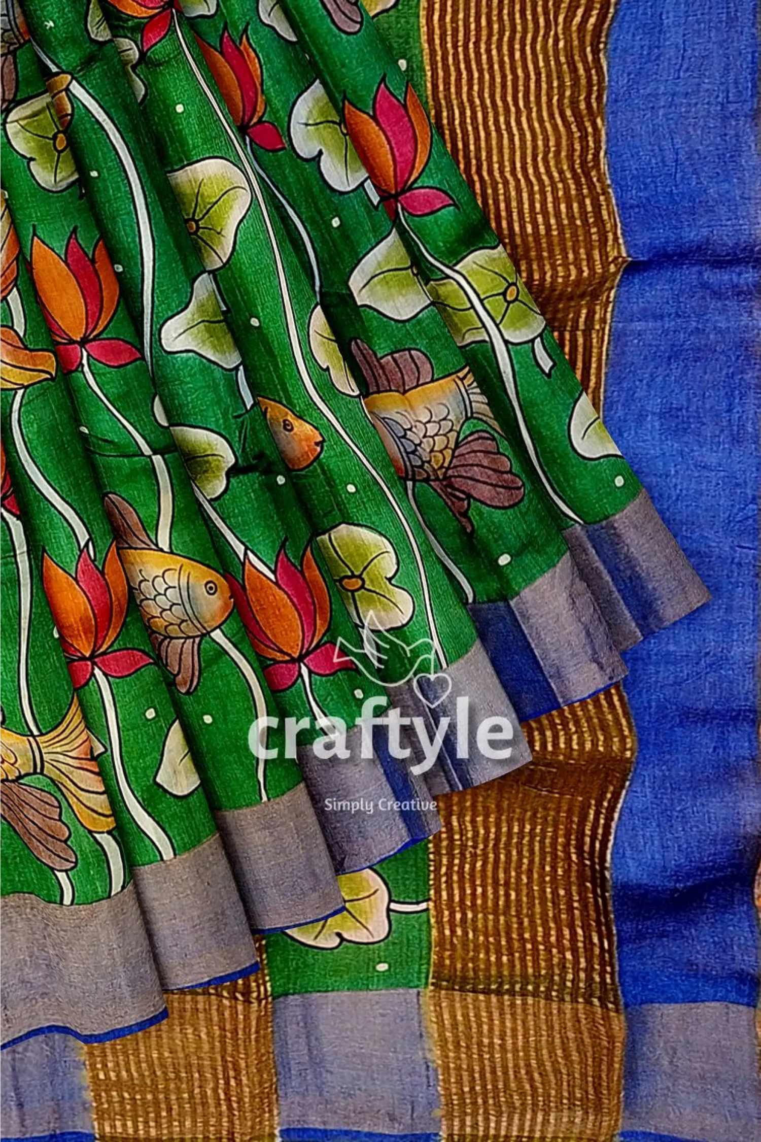 Handcrafted fish motif pure tussar kalamkari saree with zari border - spanish green green saree fish lotus design 6