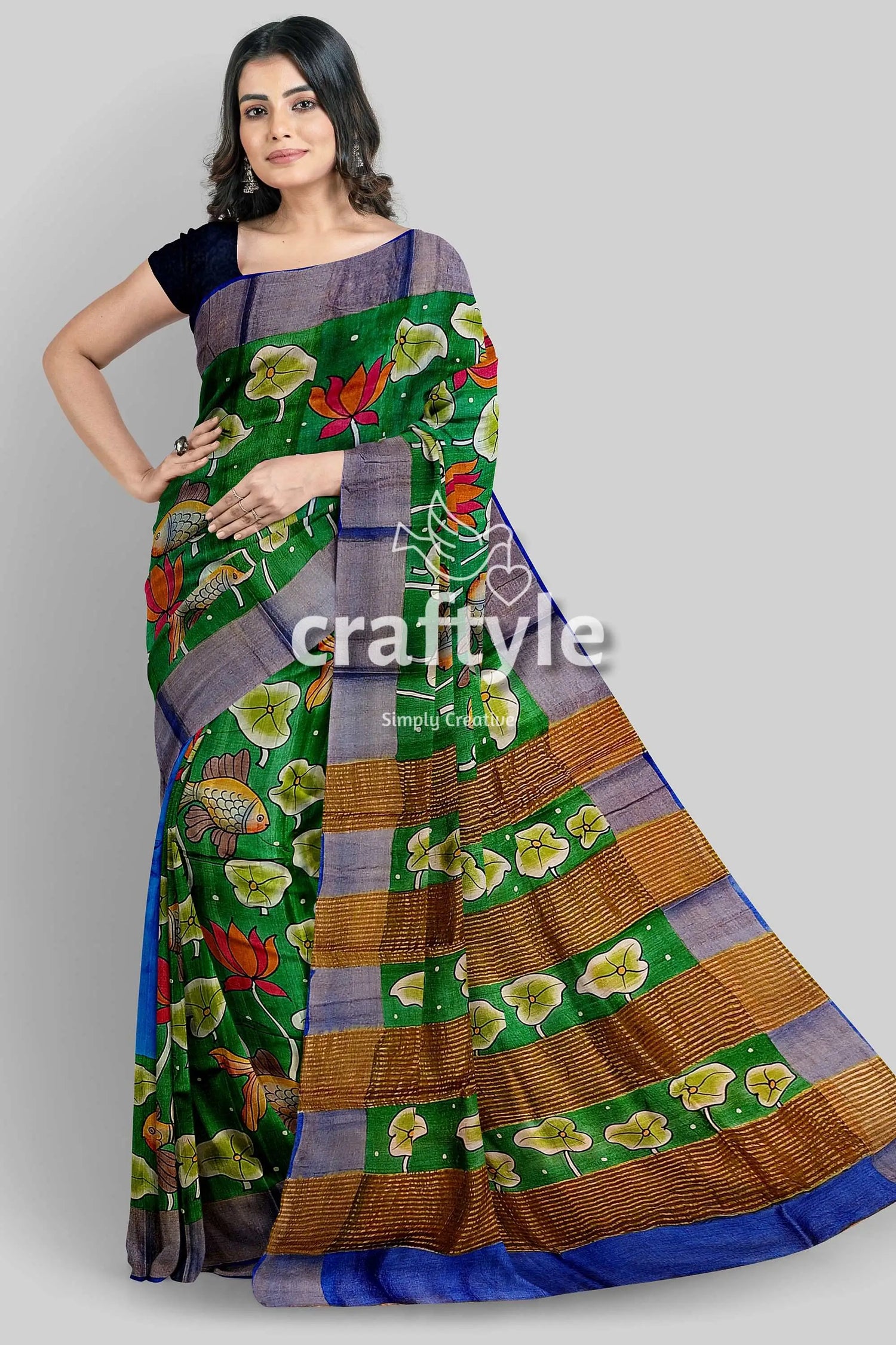 Handcrafted fish motif pure tussar kalamkari saree with zari border - spanish green green saree floral fish patterns 4