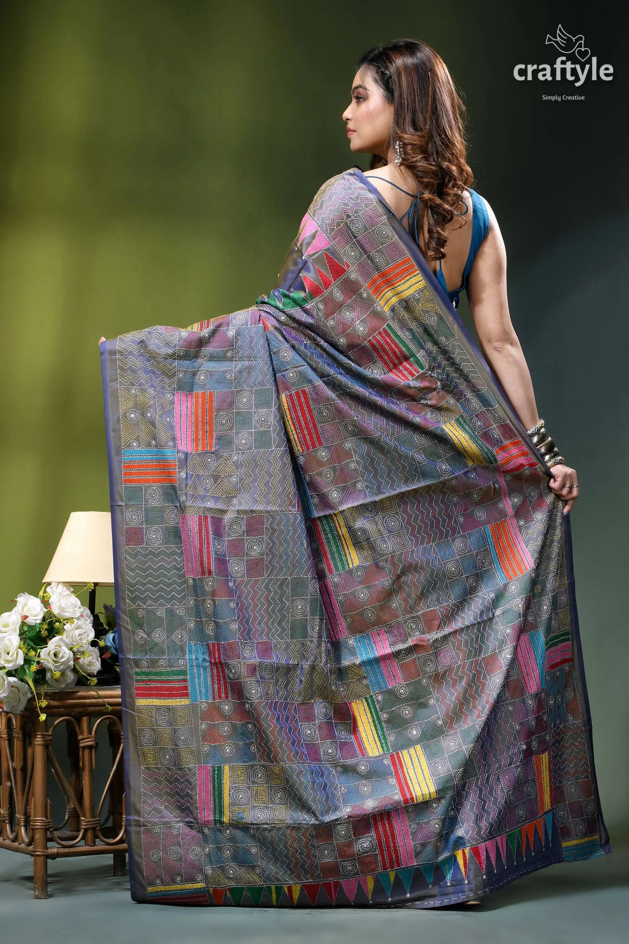 Handcrafted geometric design silk kantha work saree in cool grey vibrant multicolored saree patchwork design 4