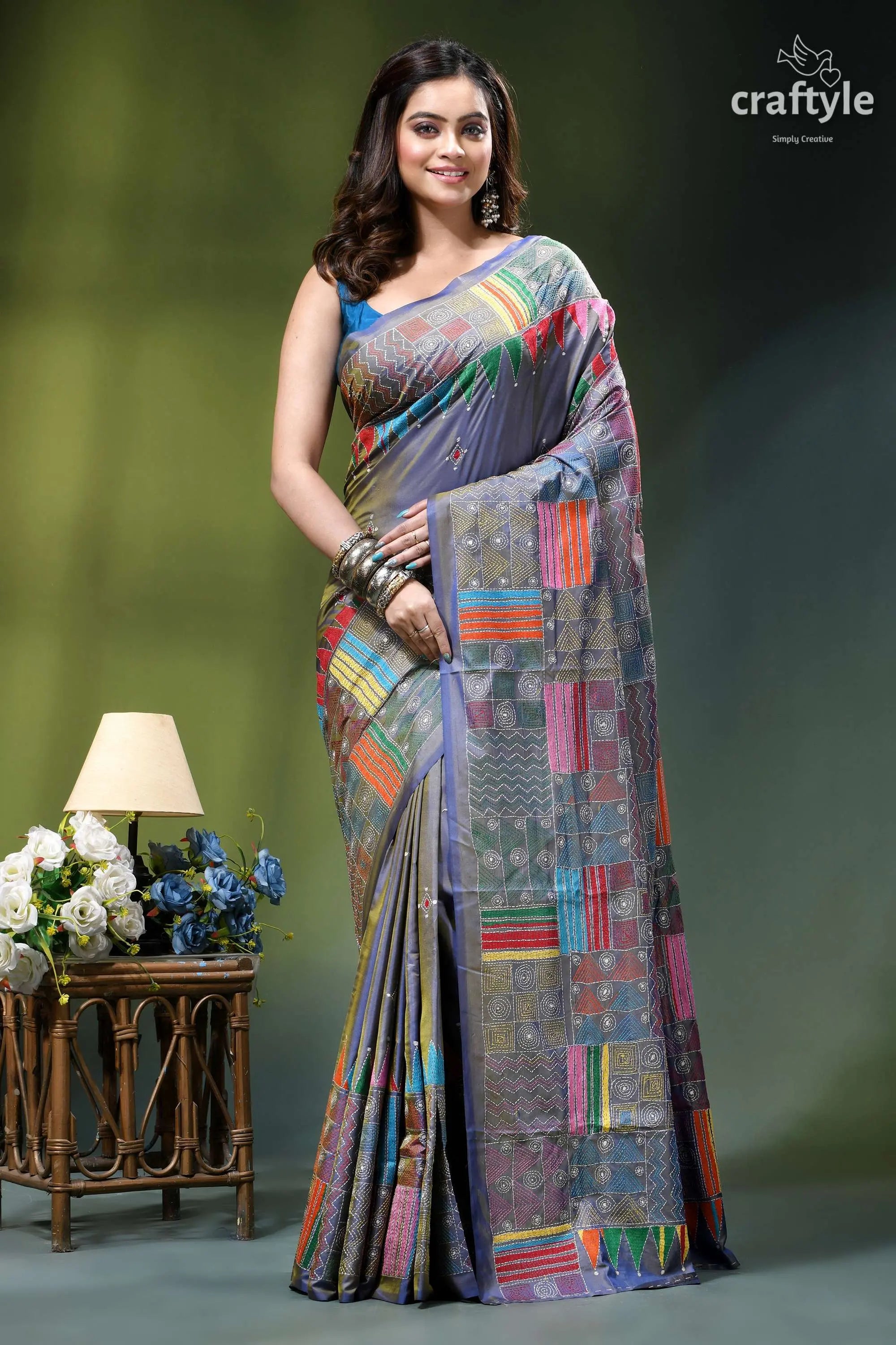 Handcrafted geometric design silk kantha work saree in cool grey woman wears grey saree colorful 1