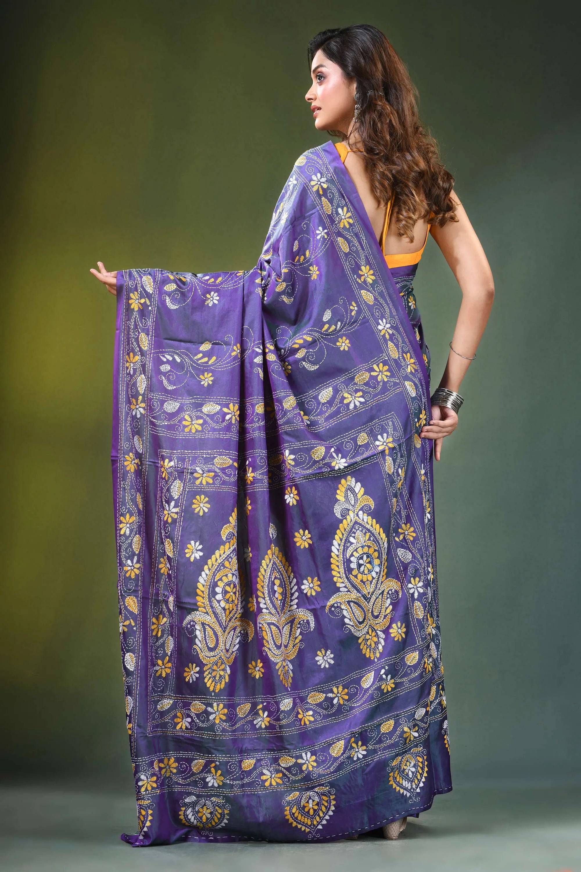 Handcrafted indigo silk kantha saree with elegant paisley design rich purple adorned intricate 5