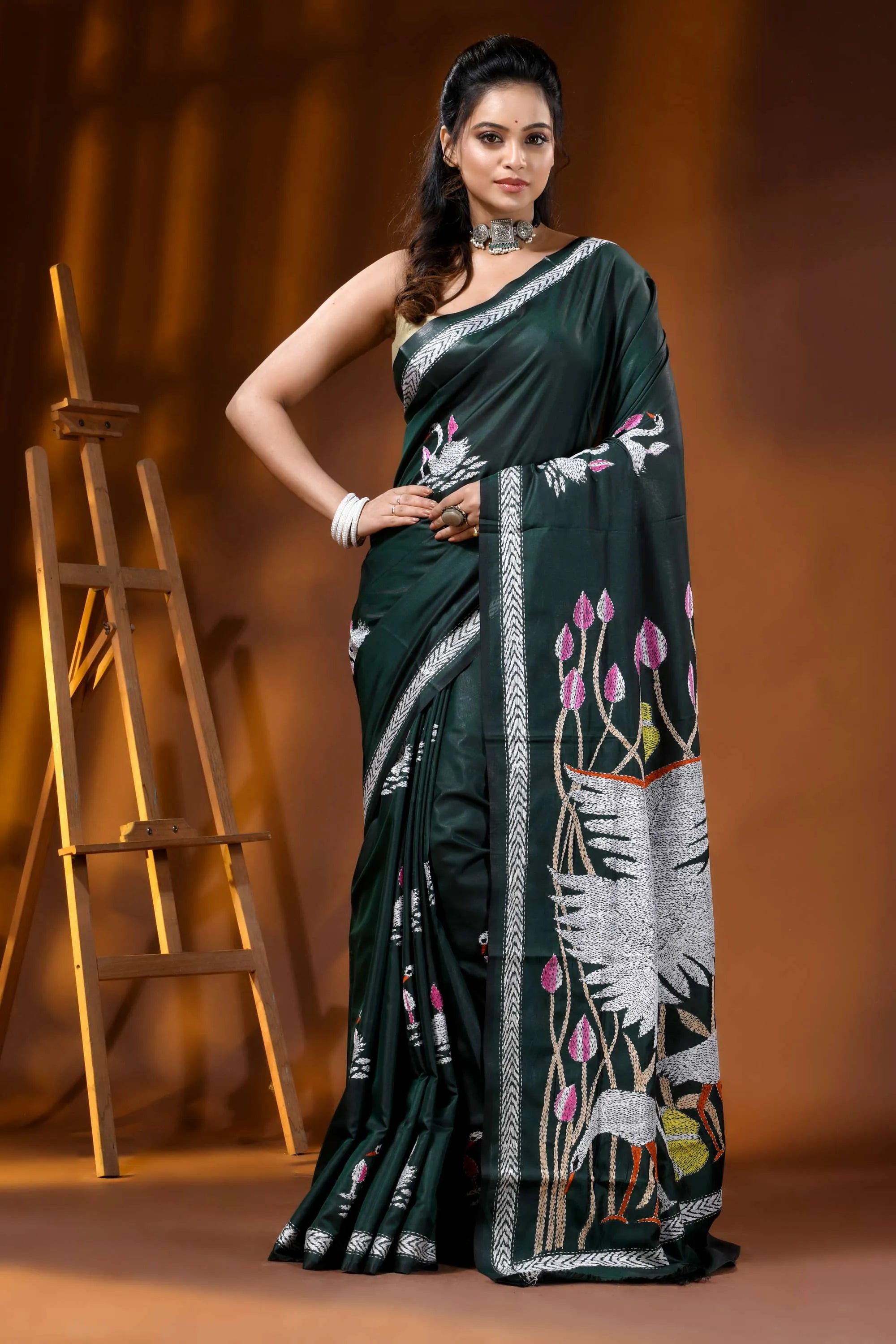 Handcrafted jungle green kantha silk saree swan and lotus motif 1