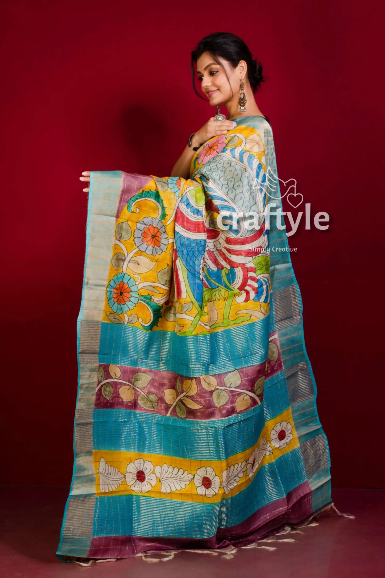 Handcrafted kalamkari deep blush pure tussar silk saree with zari border colorful hand-painted saree 3