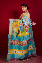 Handcrafted kalamkari deep blush pure tussar silk saree with zari border colorful hand-painted saree 3