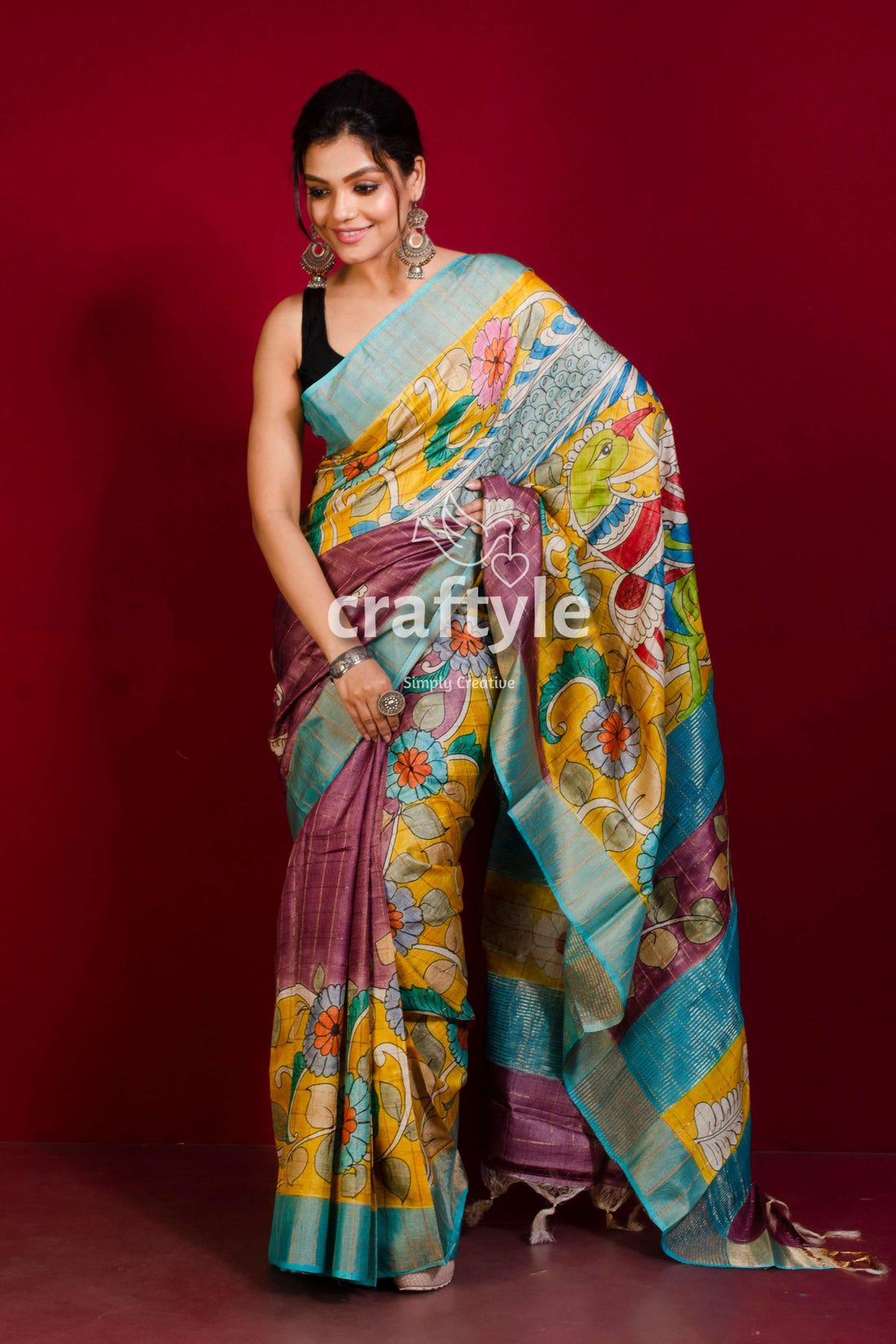 Handcrafted Kalamkari Deep Blush Pure Tussar Silk Saree with Zari Border - Craftyle