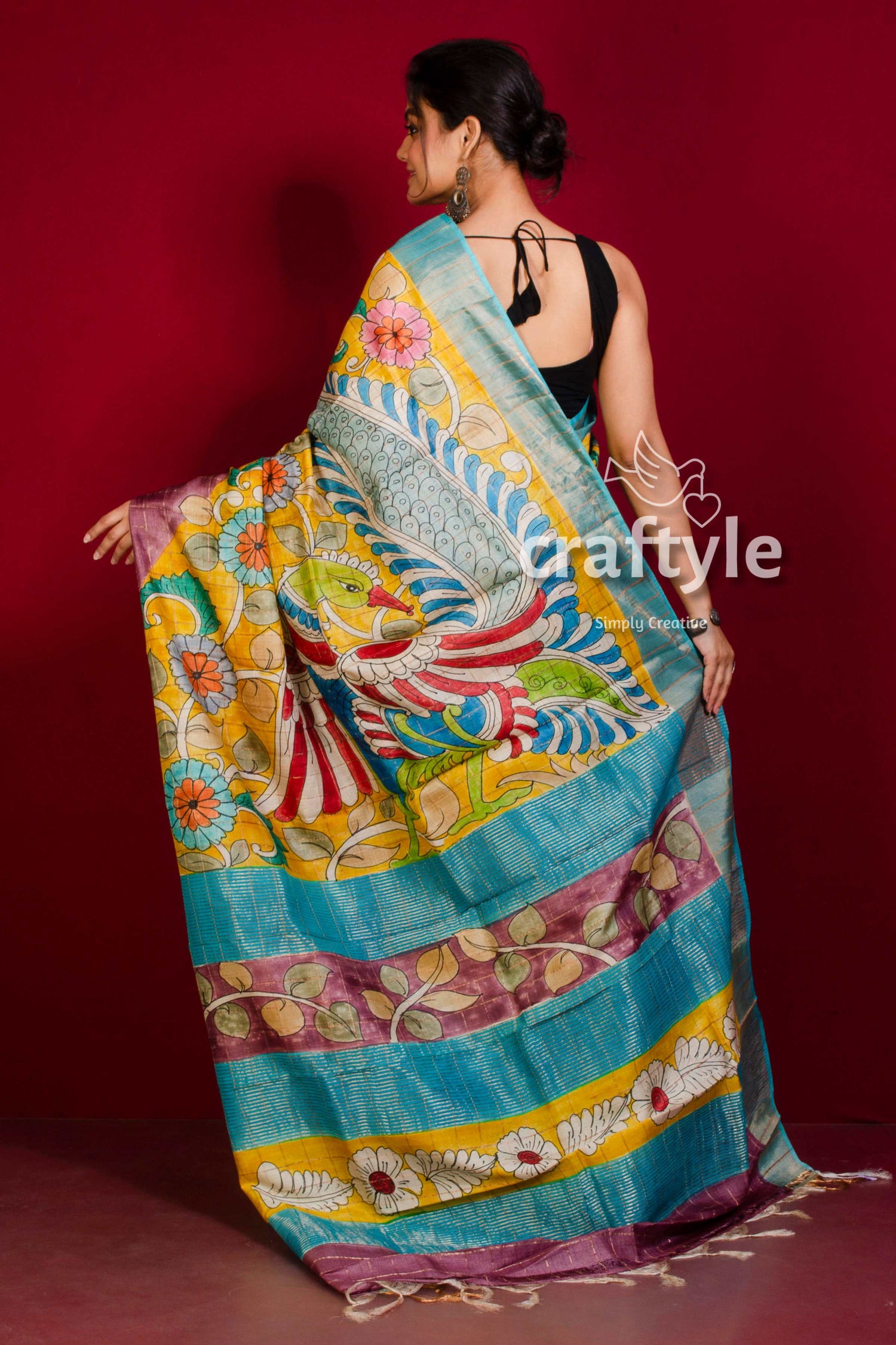 Handcrafted Kalamkari Deep Blush Pure Tussar Silk Saree with Zari Border - Craftyle
