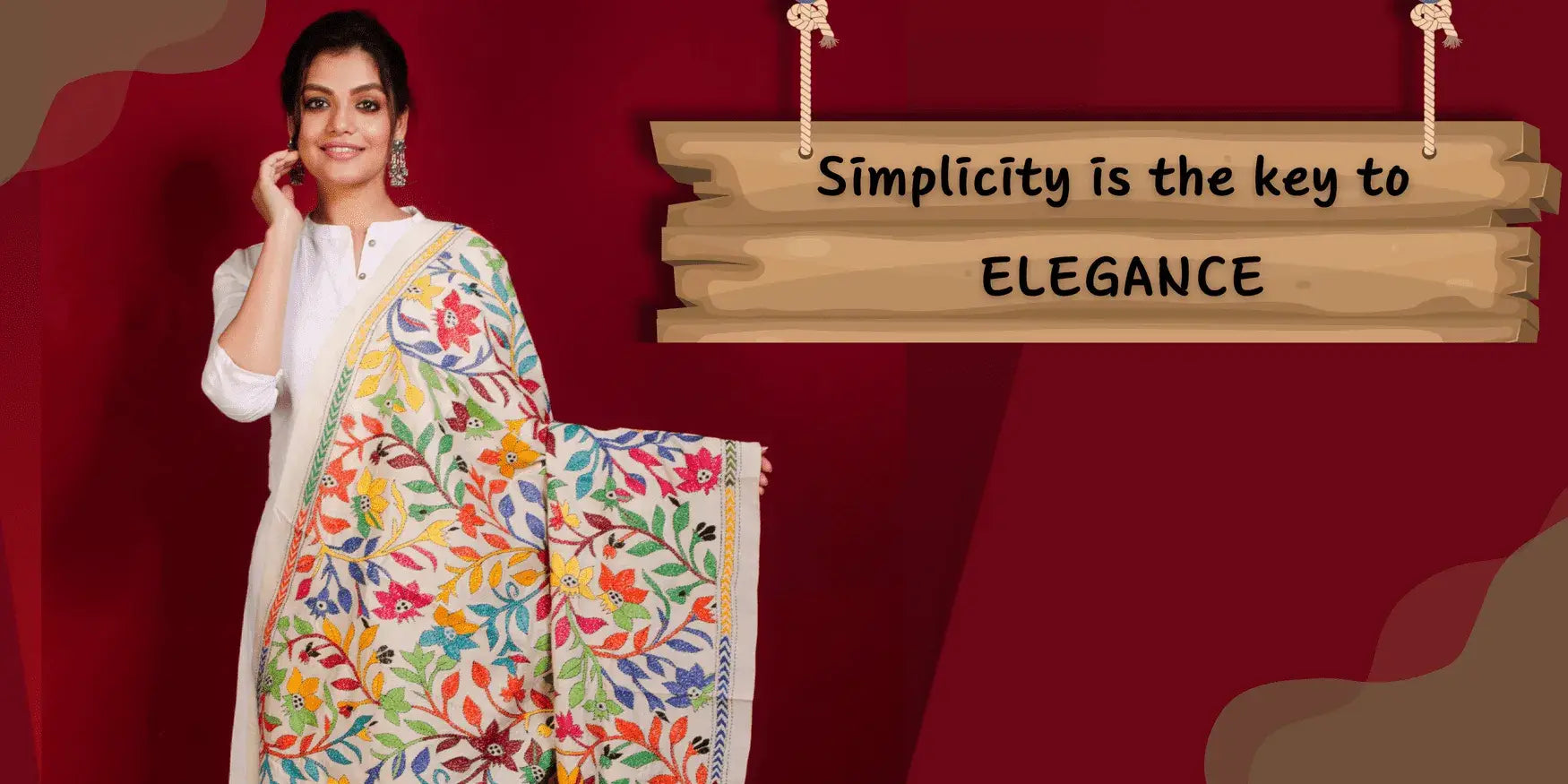 Woman wearing colorful embroidered shawl