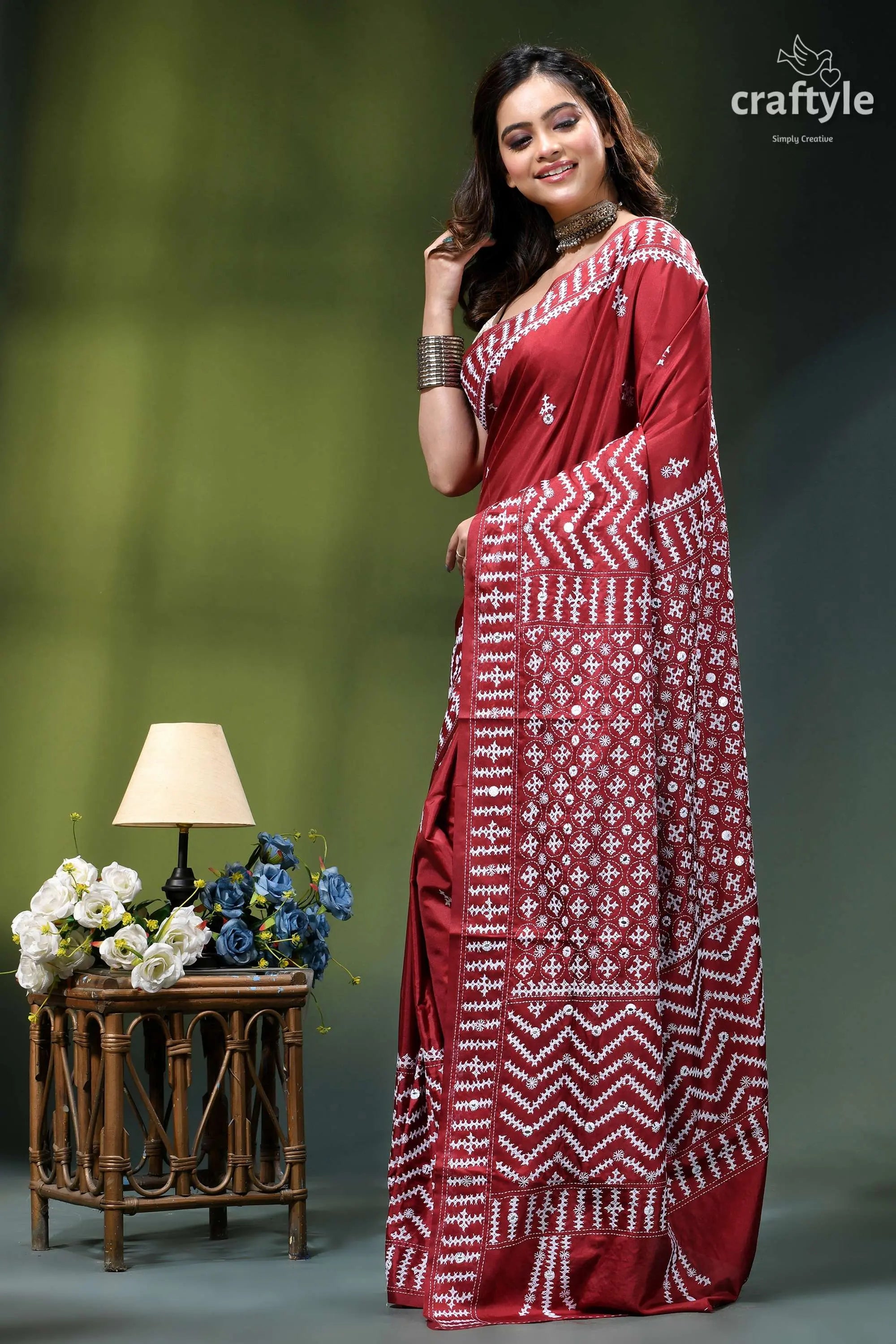 Handcrafted kutch embroidery silk saree in maroon - mirror work rich maroon saree intricate white 3