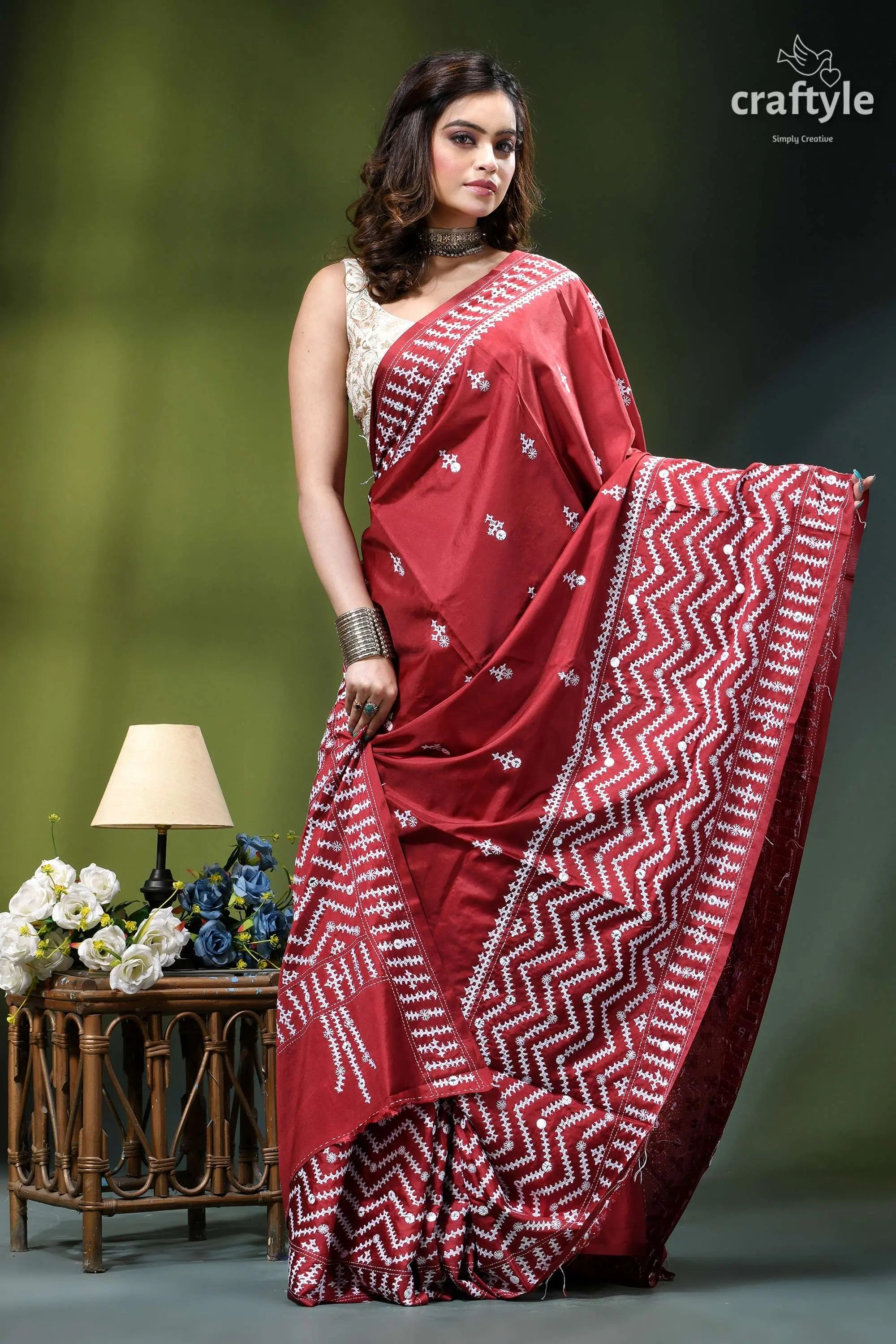 Handcrafted kutch embroidery silk saree in maroon - mirror work rich maroon silk saree intricate 5