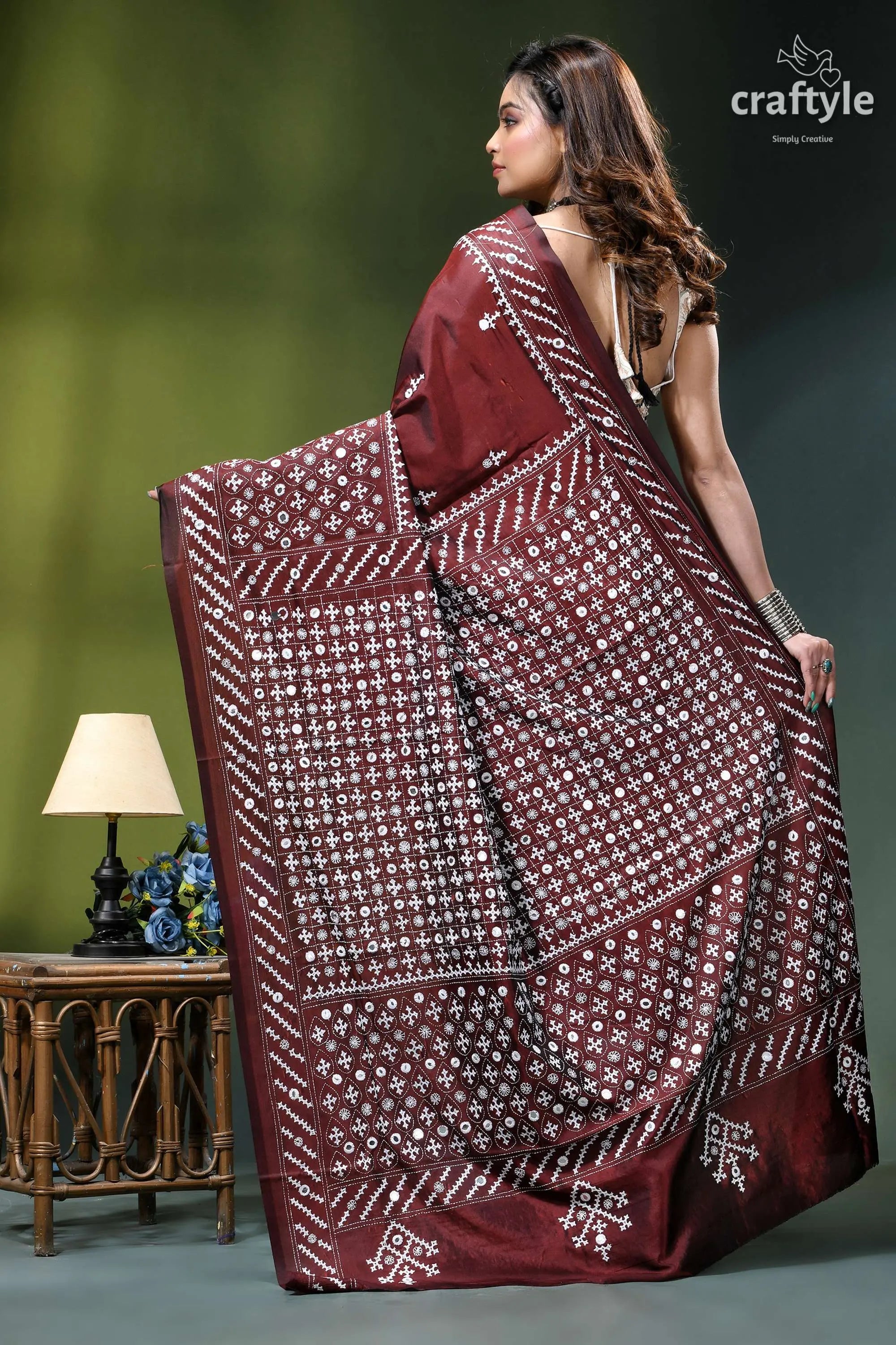 Handcrafted kutch work silk saree in livid brown - mirror maroon saree intricate white black 5