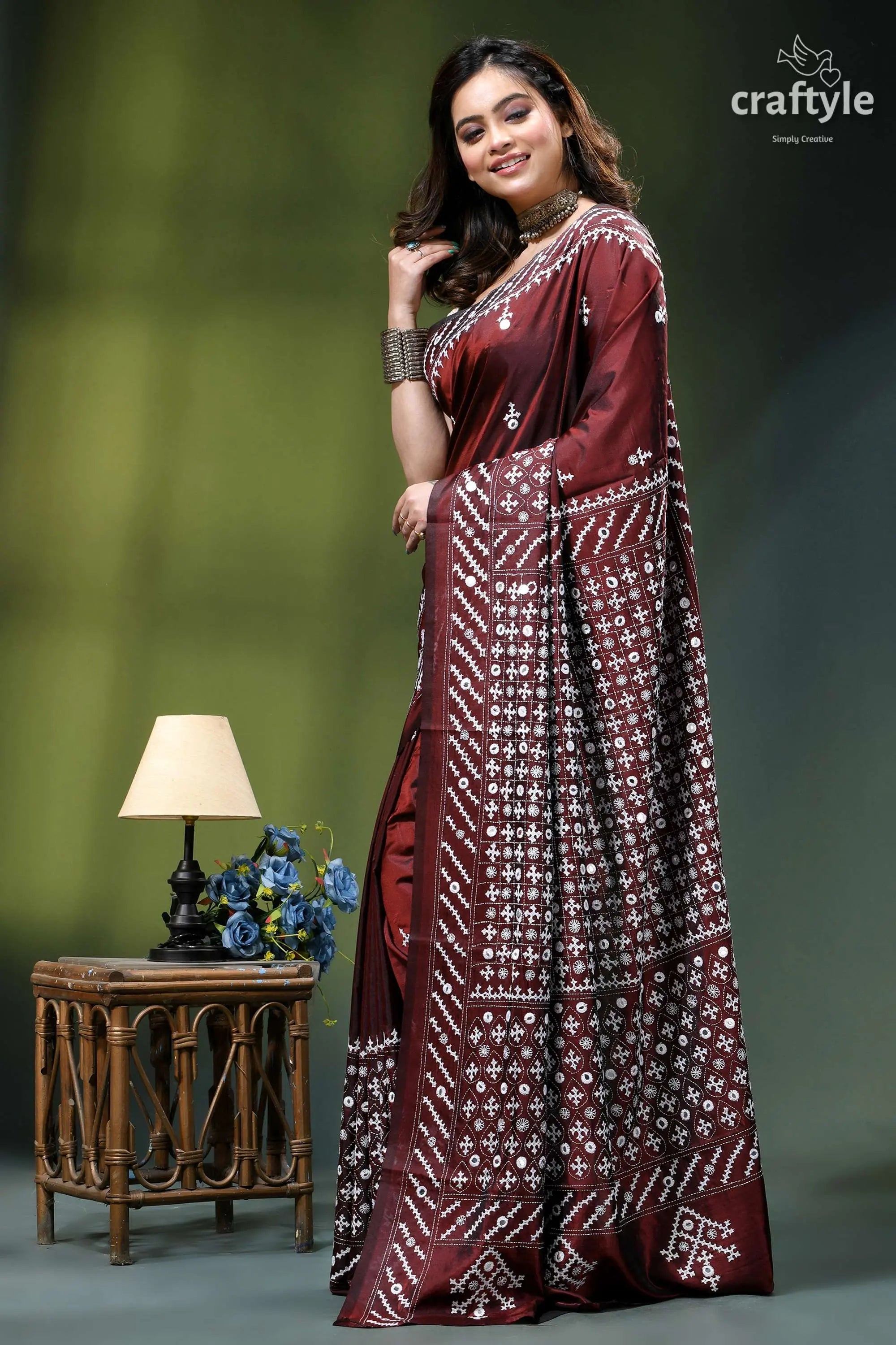 Handcrafted kutch work silk saree in livid brown - mirror maroon silk saree intricate white 3