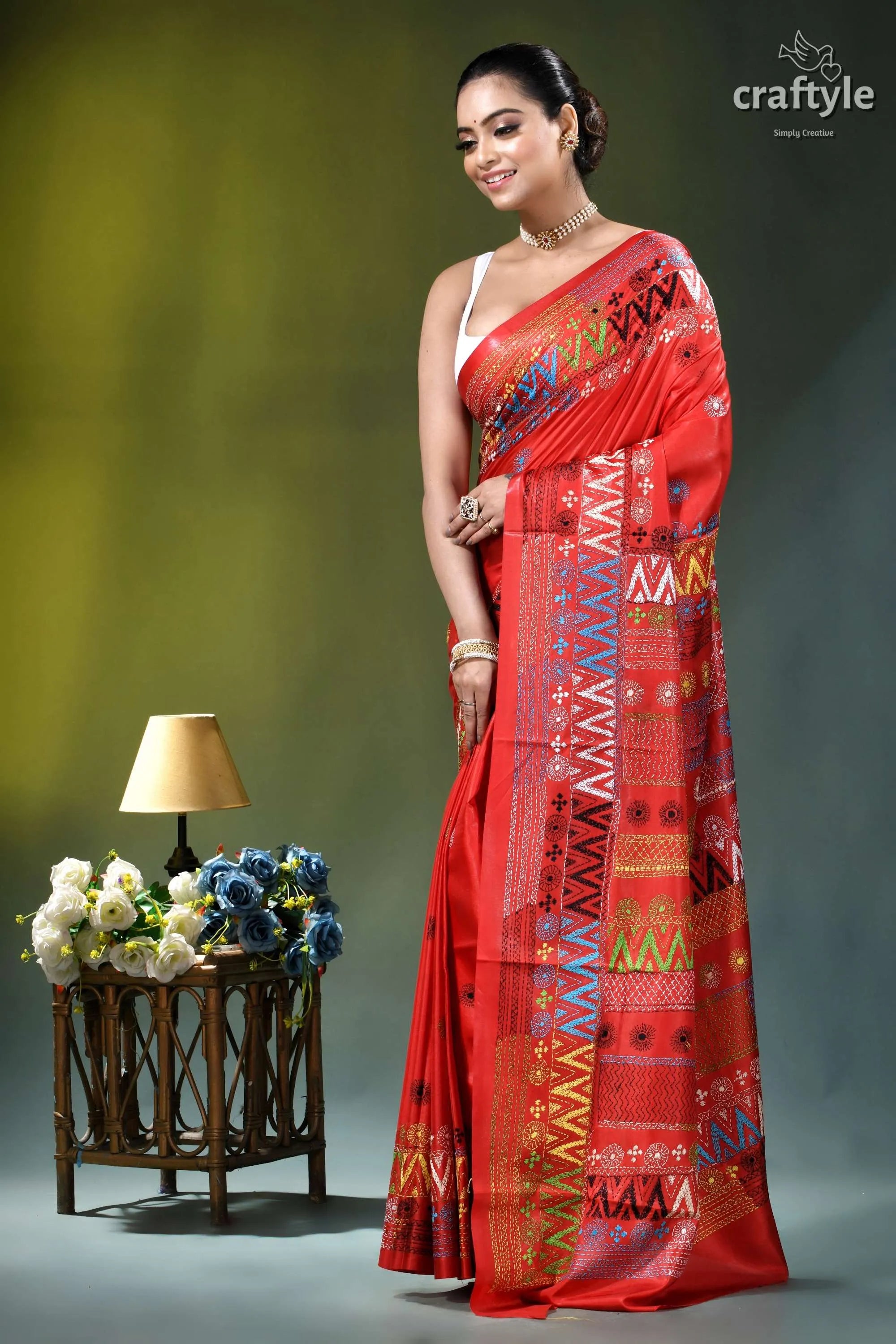 Handcrafted lambani embroidery multi-thread silk saree in red vibrant red saree adorned intricate 3