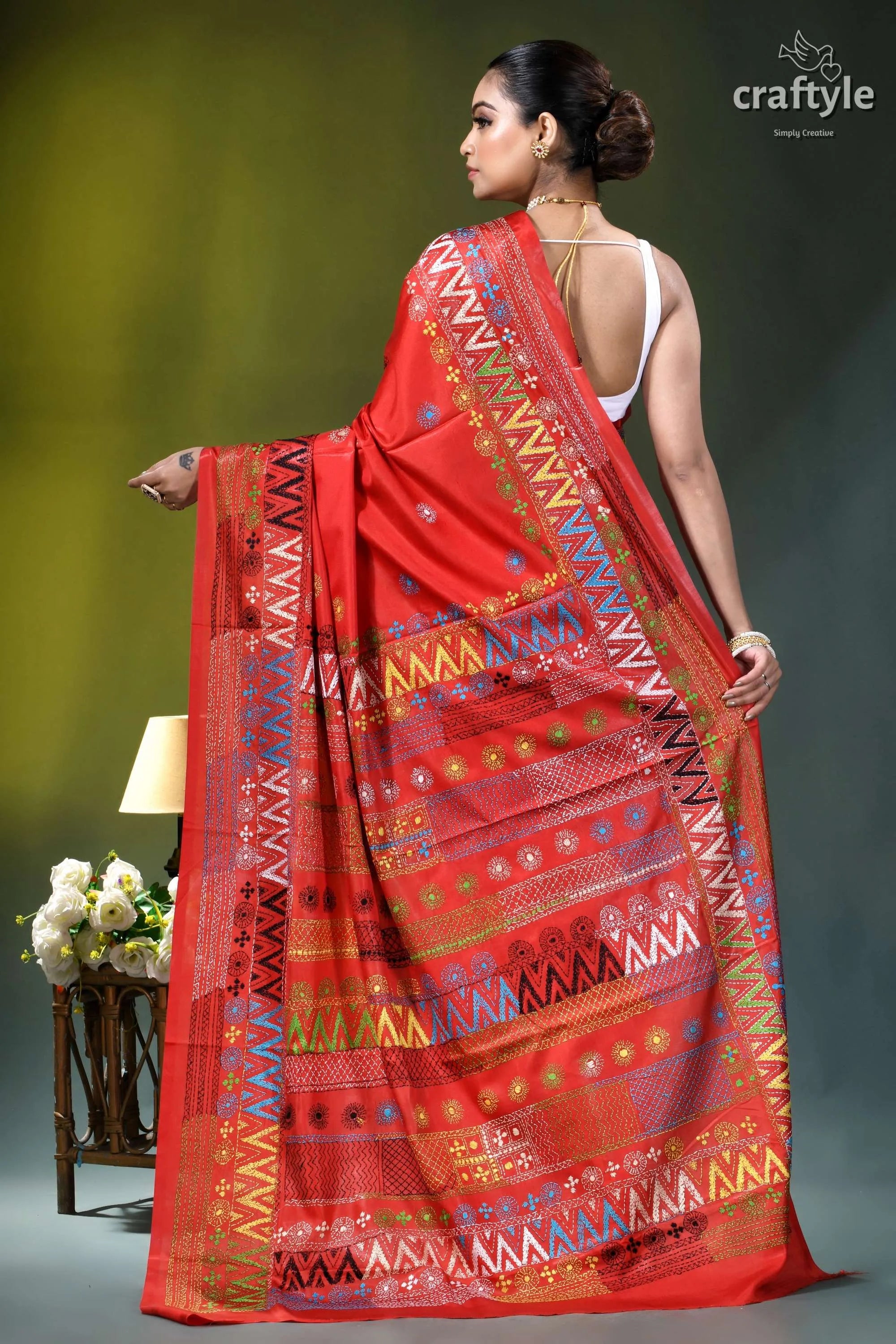 Handcrafted lambani embroidery multi-thread silk saree in red vibrant red traditional saree intricate 6