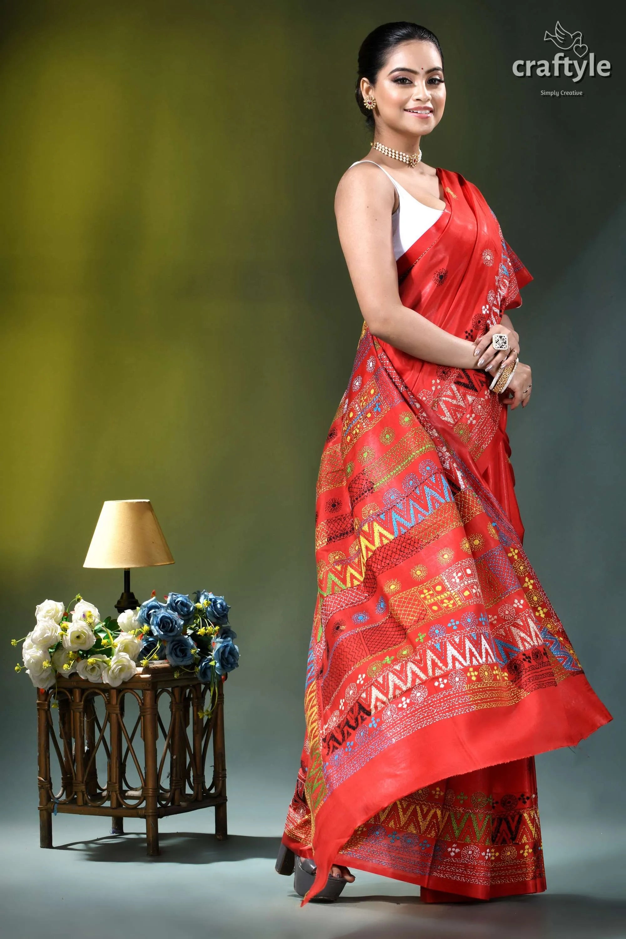 Handcrafted lambani embroidery multi-thread silk saree in red vibrant red traditional saree intricate 4