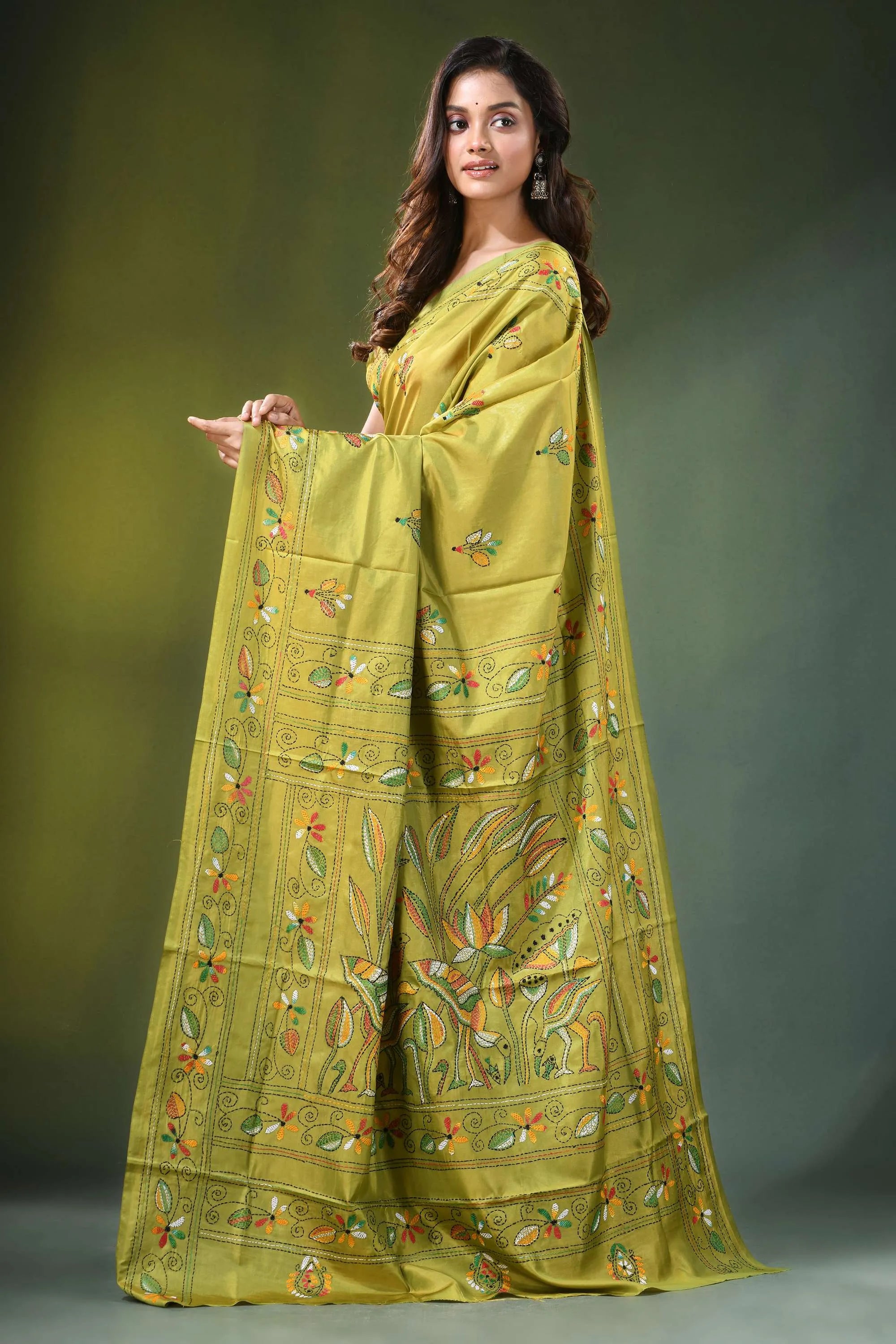 Handcrafted leaf green silk kantha saree with heron and lotus motif vibrant olive-green adorned intricate 3