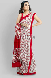 Handcrafted mulberry pure silk saree in sizzling red white block print design red white patterned saree 1