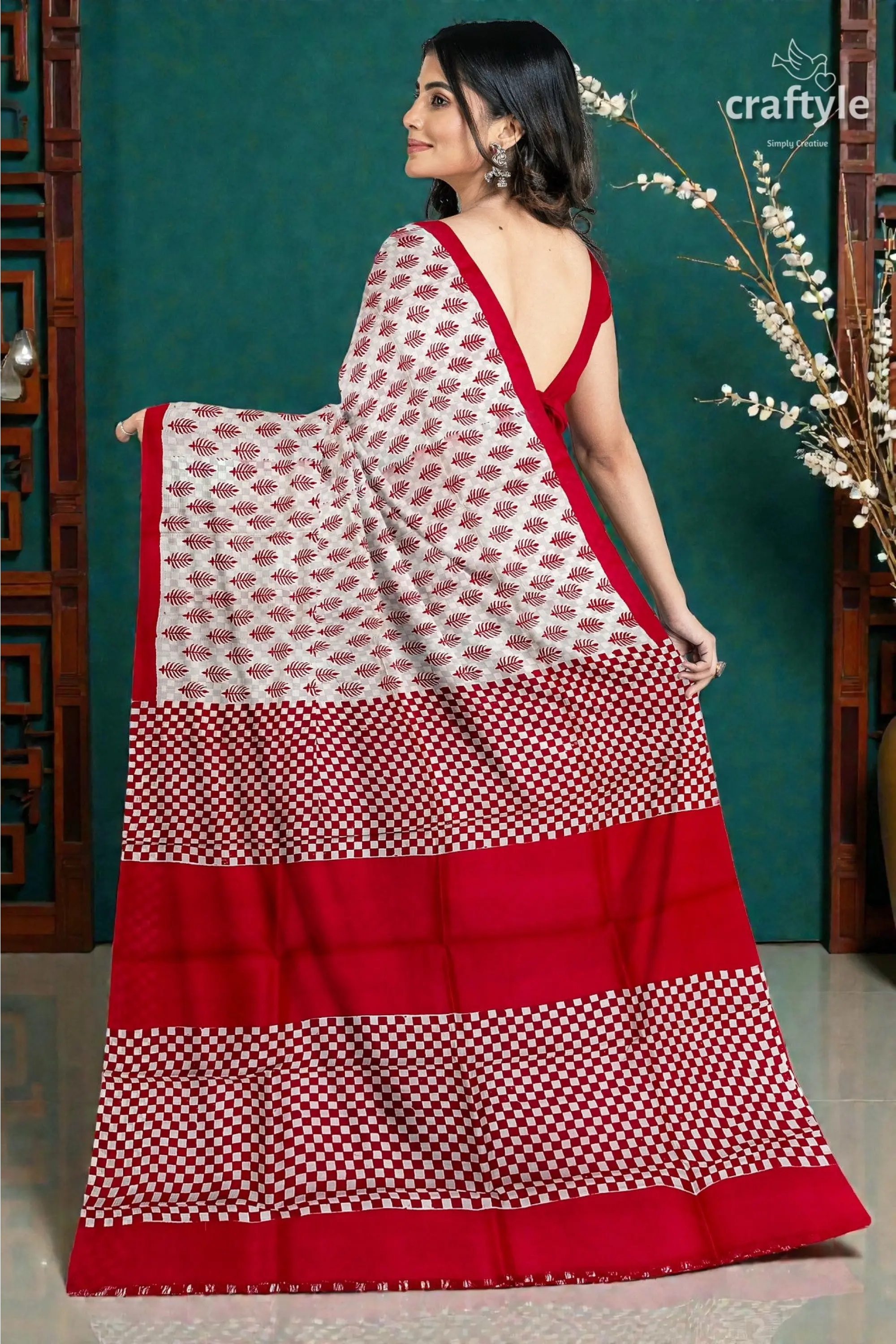 Handcrafted mulberry pure silk saree in sizzling red white block print design 6