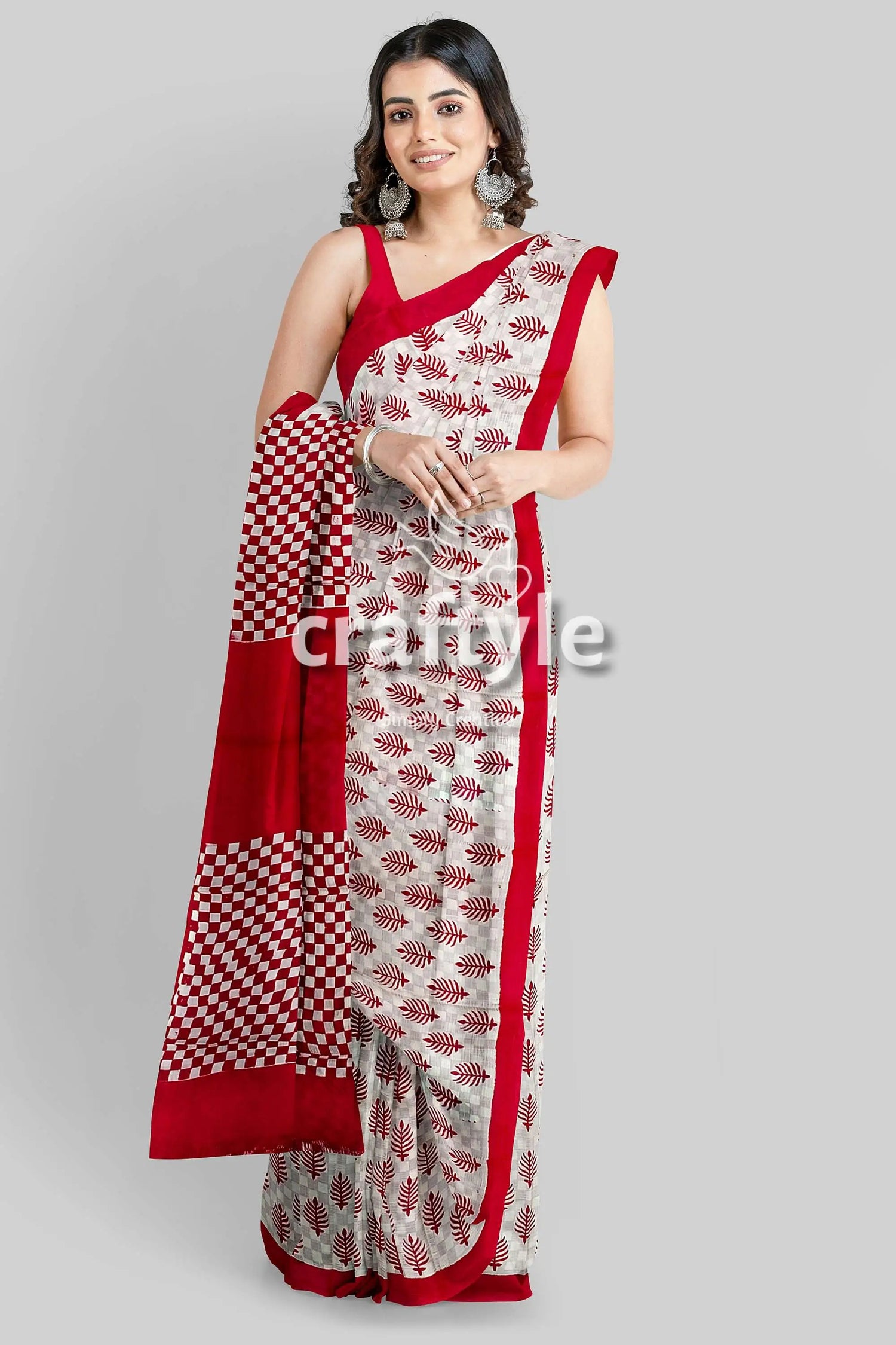 Handcrafted mulberry pure silk saree in sizzling red white block print design woman red white saree 4