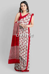 Handcrafted mulberry pure silk saree in sizzling red white block print design woman red white saree 4