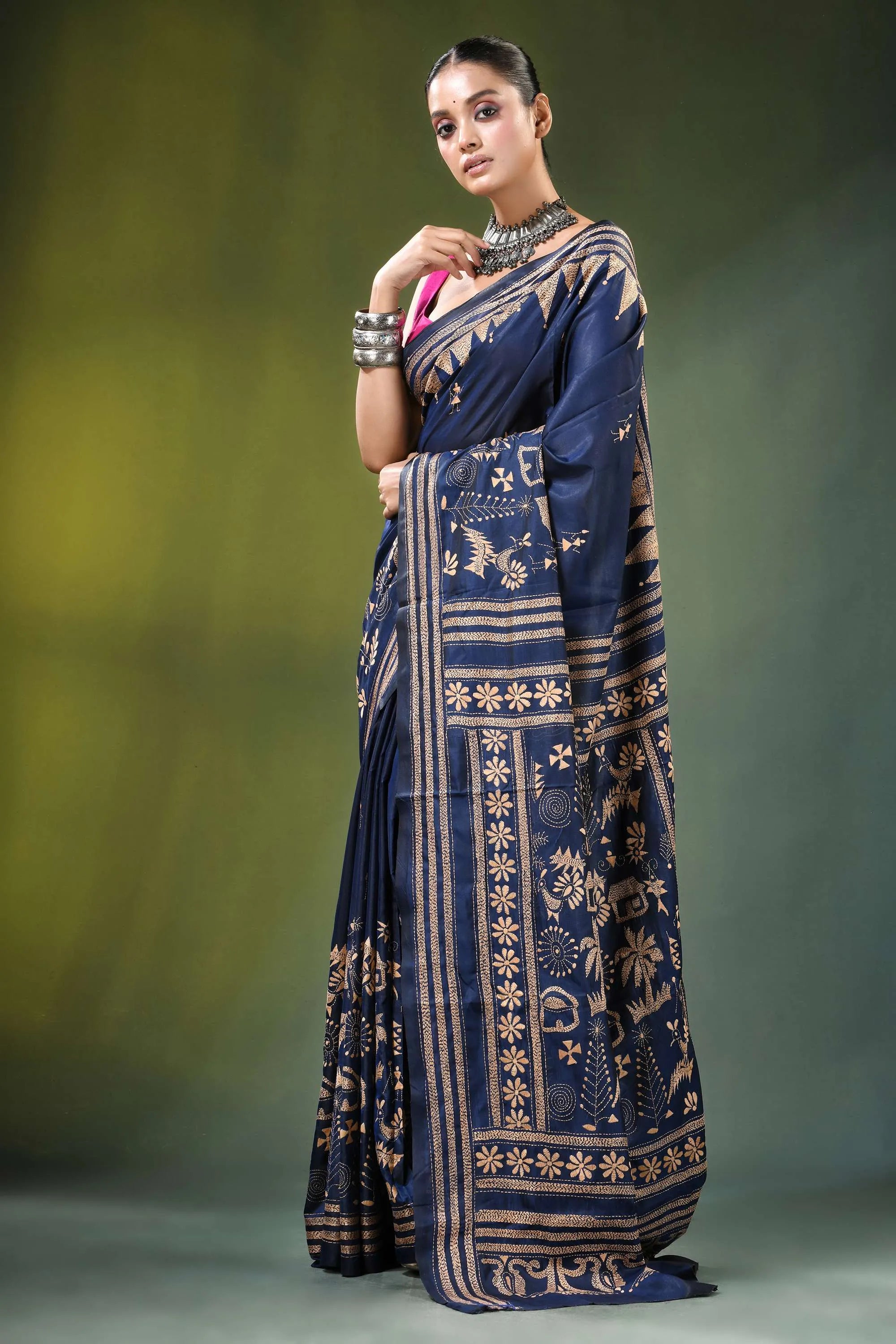 Handcrafted navy blue ethnic nature theme silk kantha work saree adorned 3