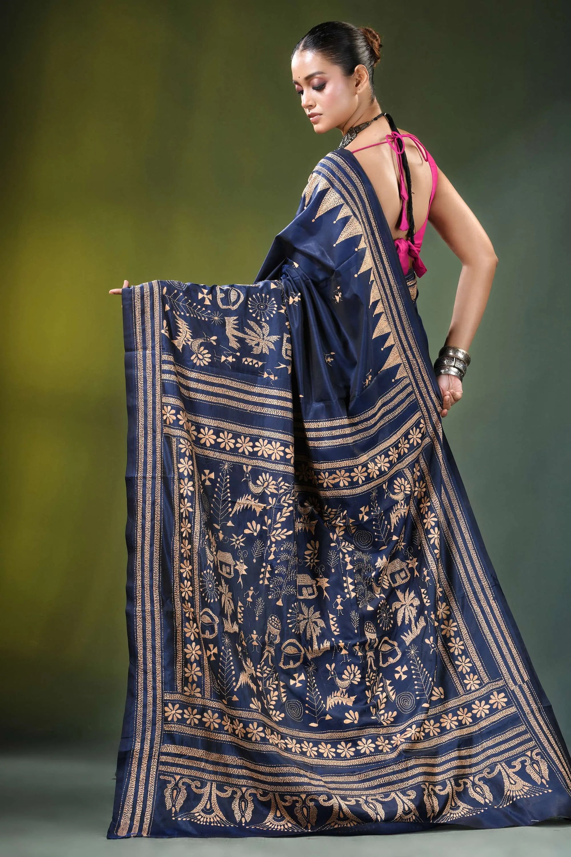 Handcrafted navy blue ethnic nature theme silk kantha work saree adorned 5