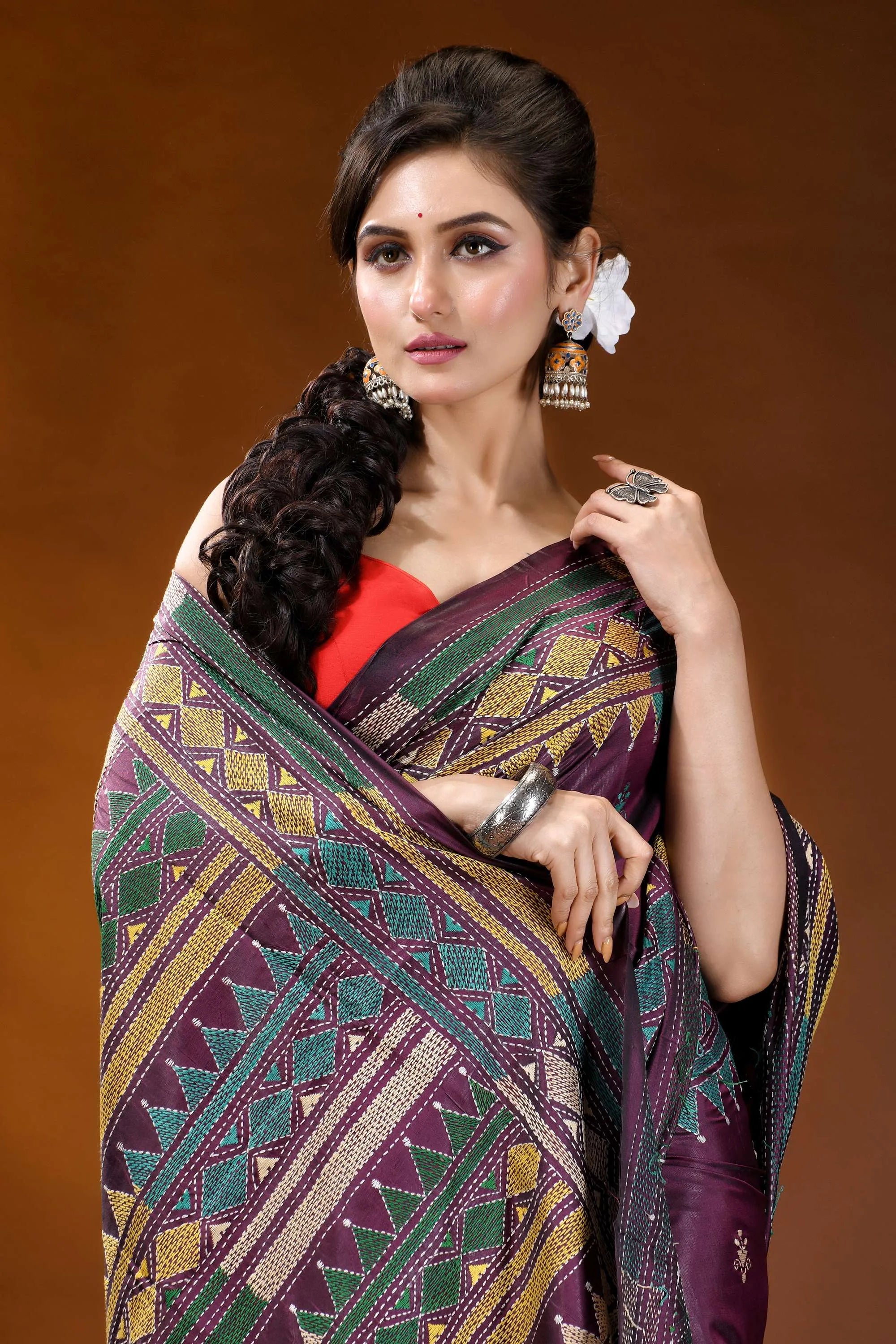 Handcrafted old mauve silk kantha work saree with geometric pattern woman wears richly patterned purple 6