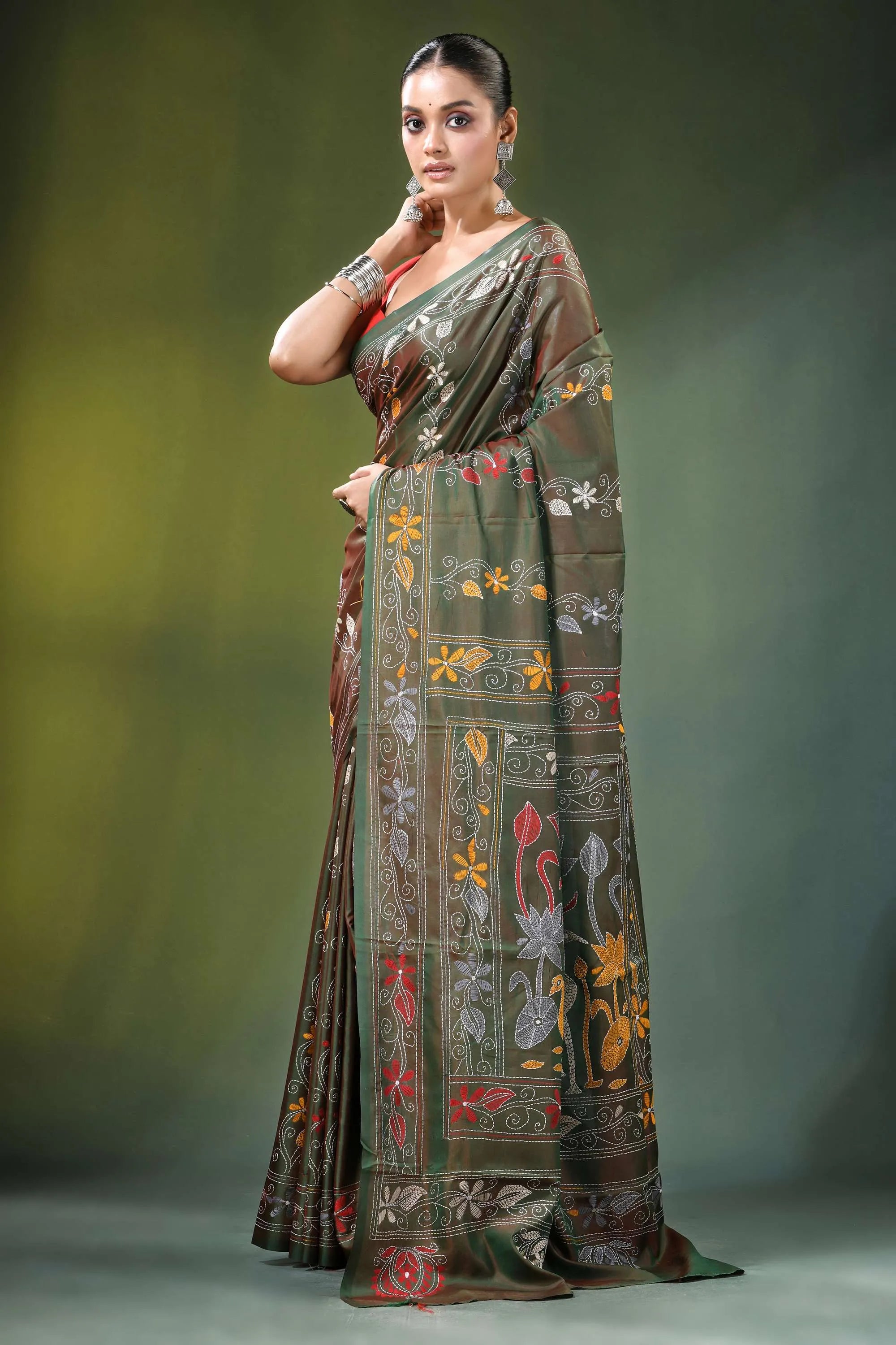 Handcrafted olive green nature theme silk kantha saree rich olive-green adorned 3