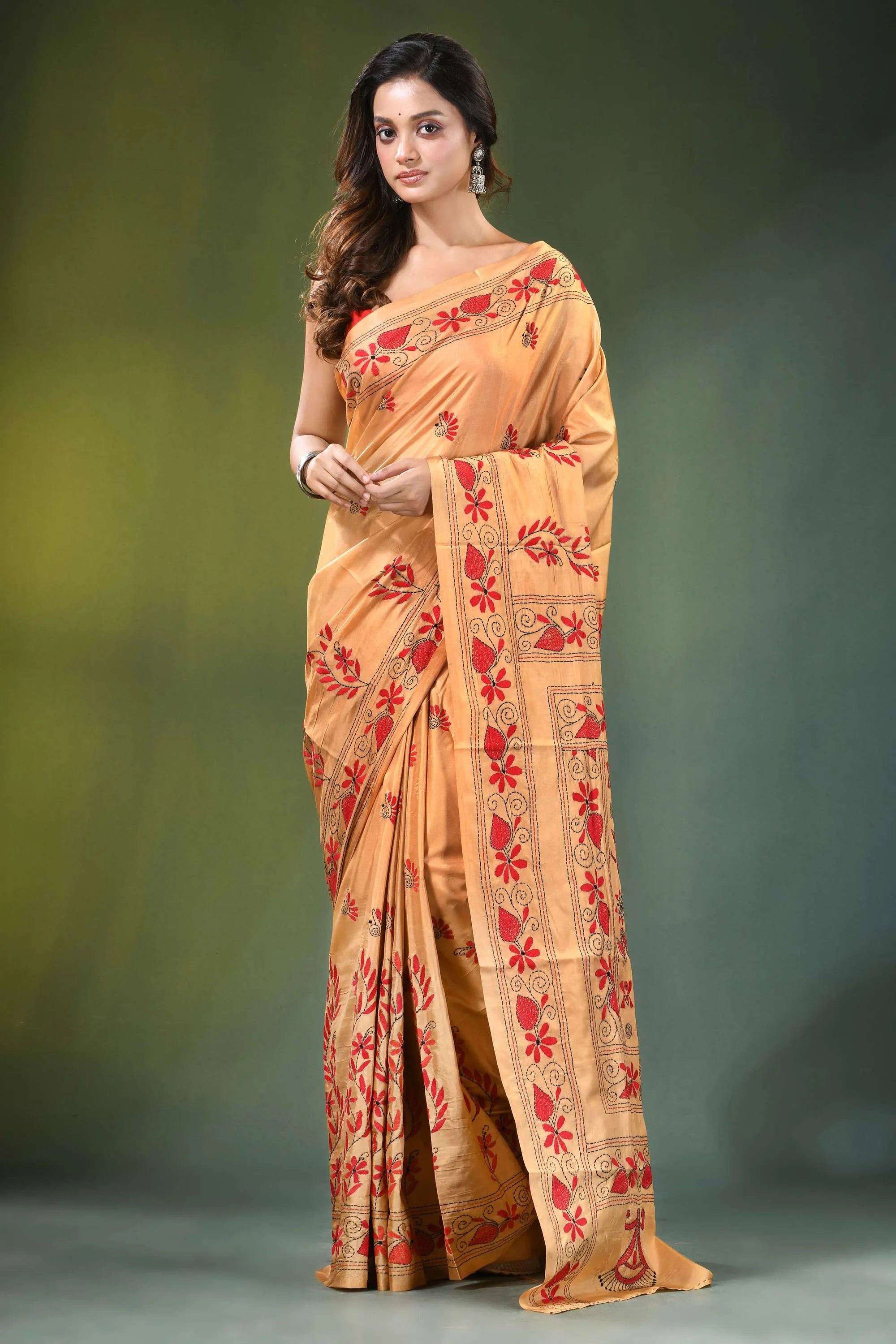 Handcrafted peach silk kantha saree with folk art peacocks design woman wears peach-colored 1