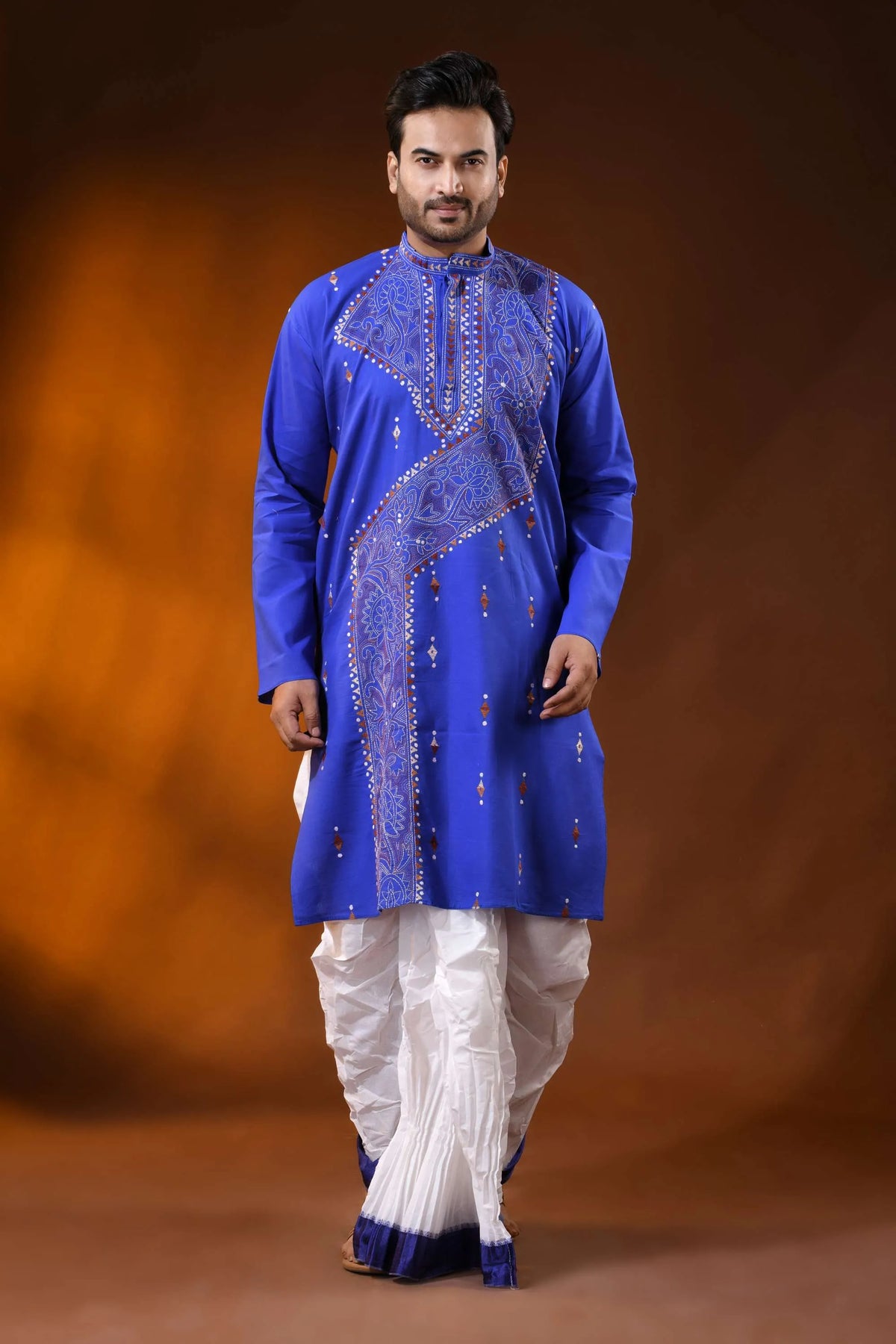 Handcrafted reverse stitch cobalt blue cotton kantha kurta for men 1