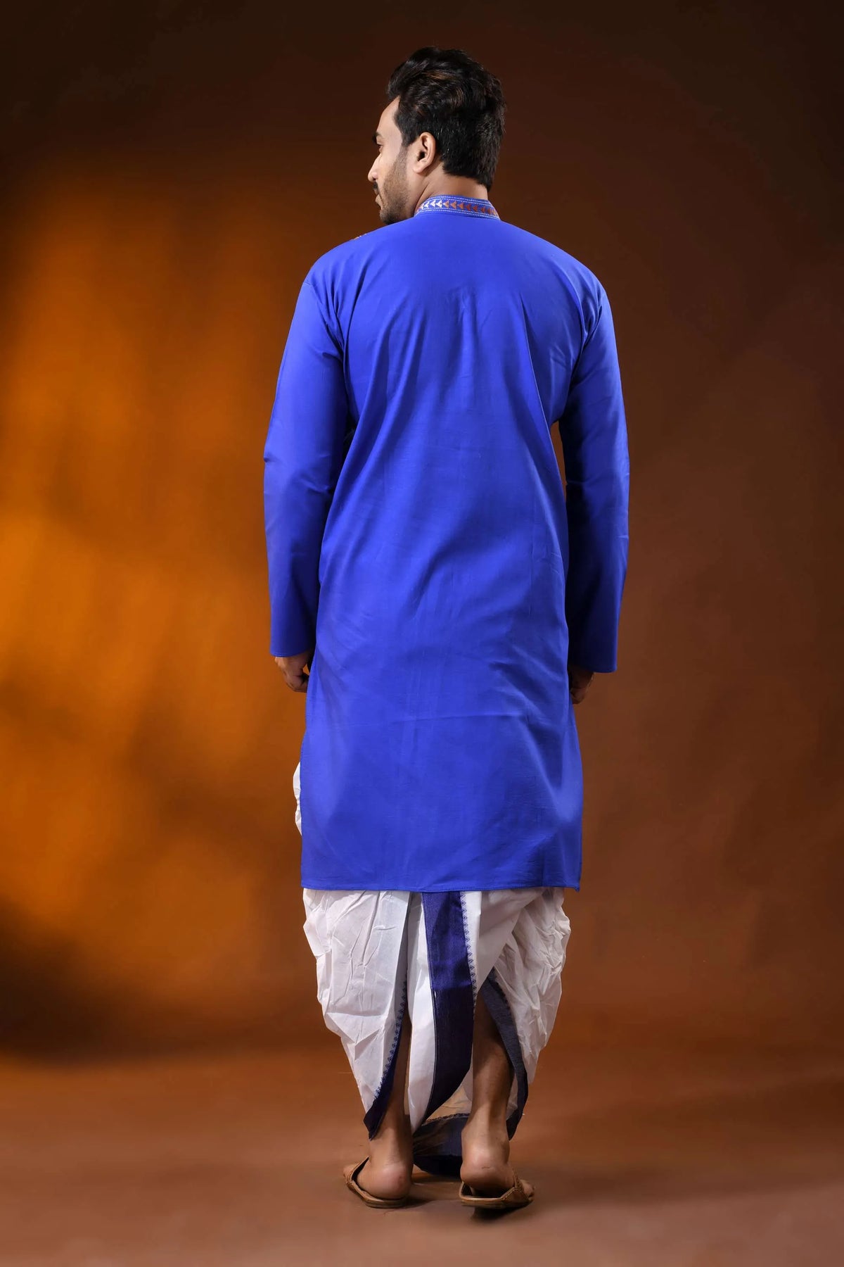 Handcrafted reverse stitch cobalt blue cotton kantha kurta for men 6