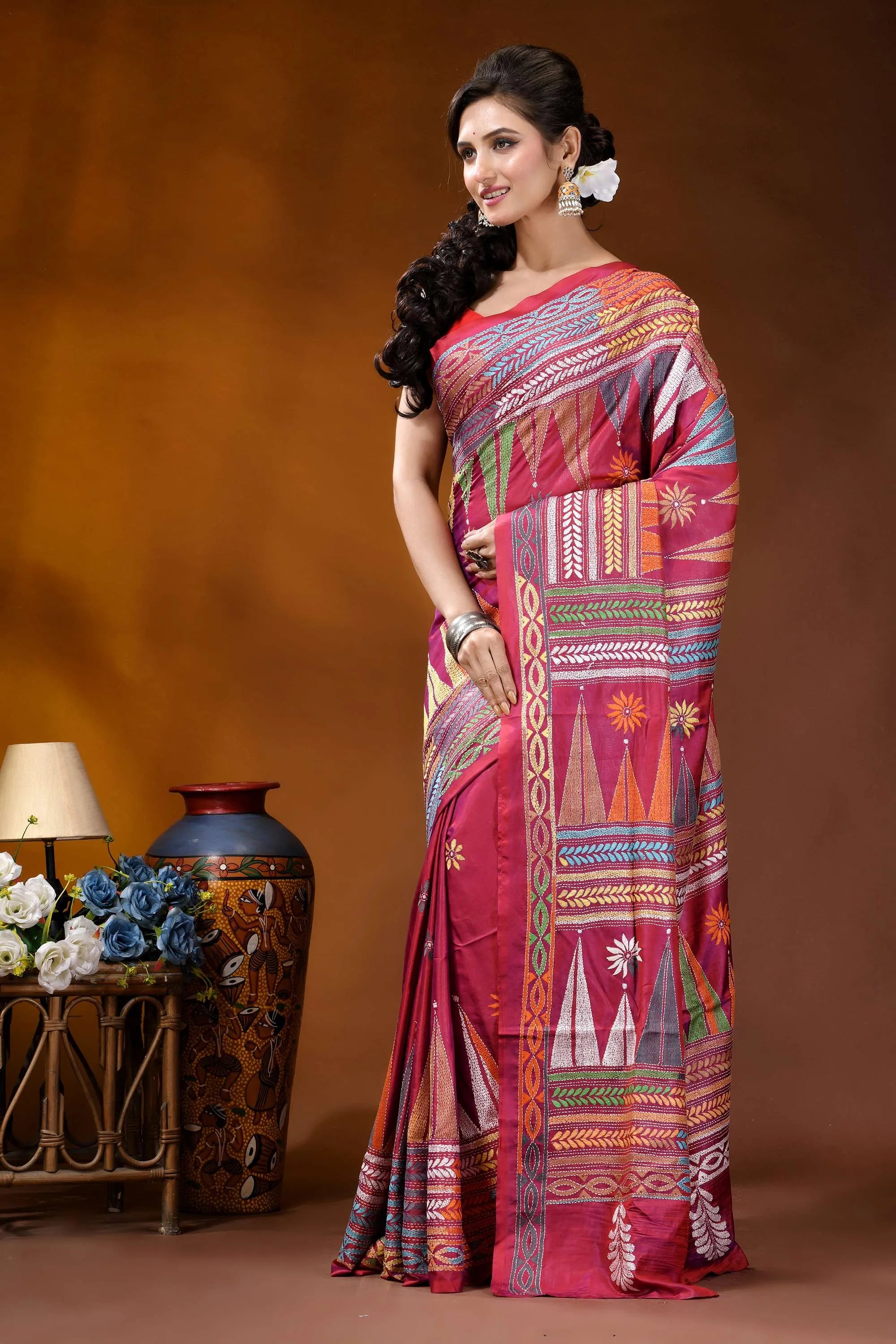 Handcrafted rich maroon geometric design kantha stitch silk saree vibrant pink saree adorned intricate 3