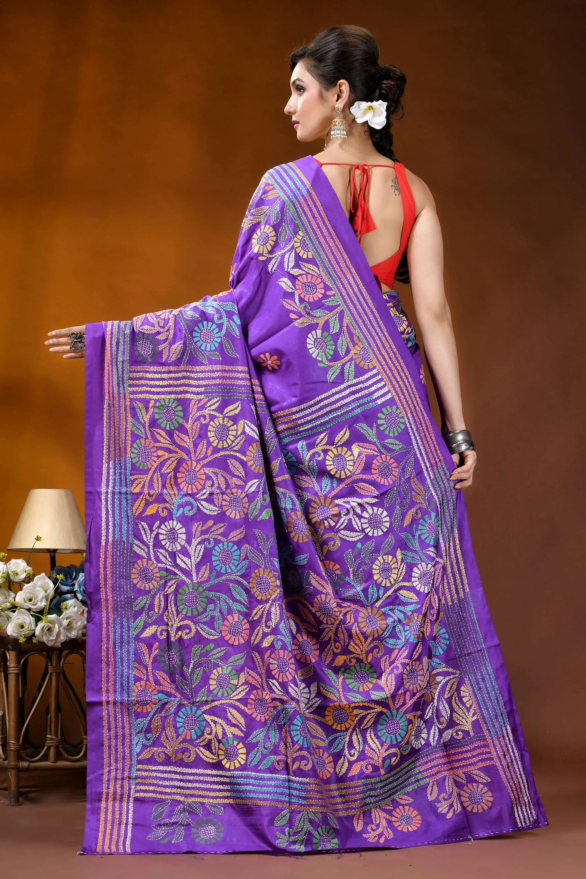 Handcrafted royal purple silk kantha work saree with floral design purple silk saree intricate floral 5