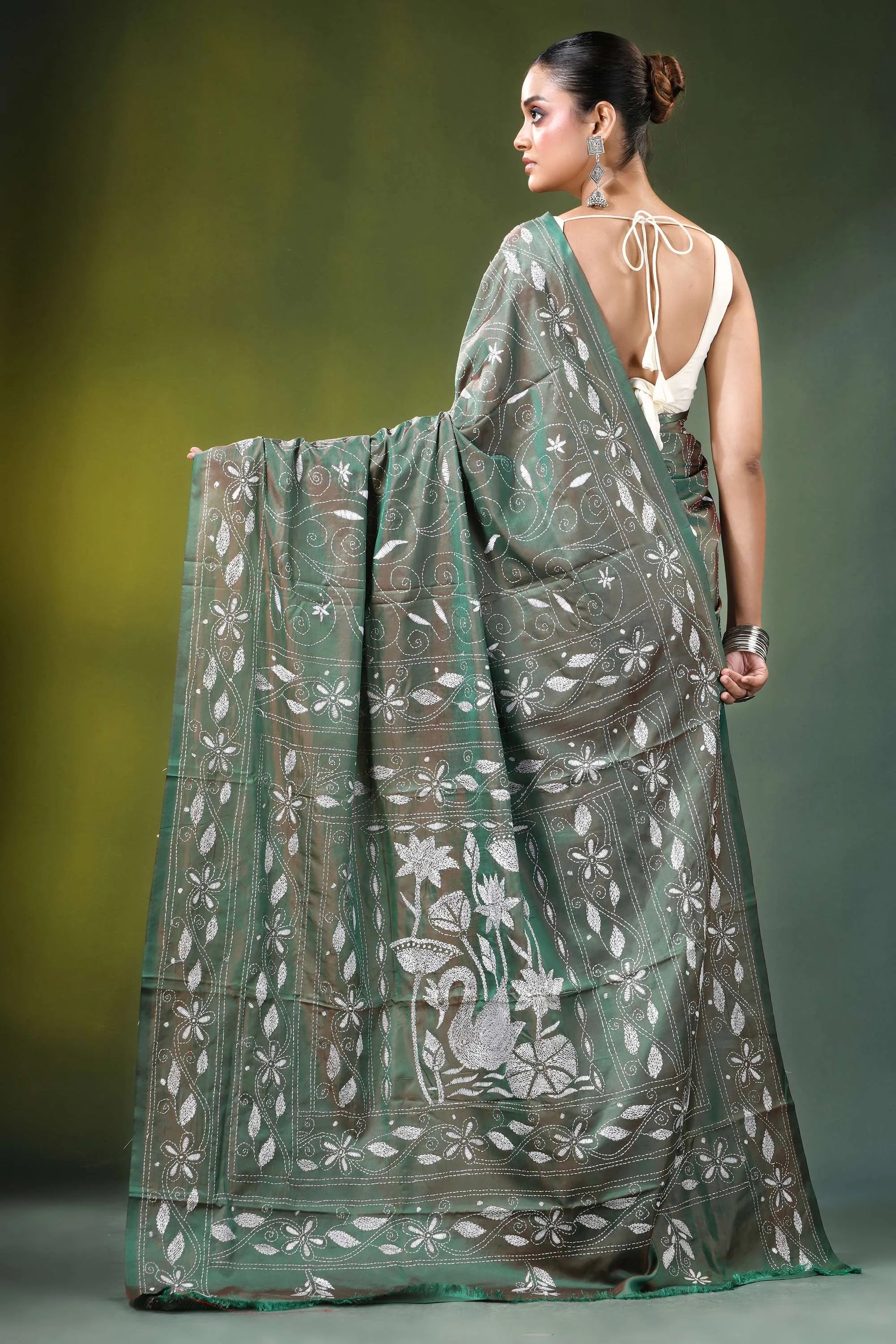 Handcrafted sage green nature theme silk kantha saree white patterned intricate 5