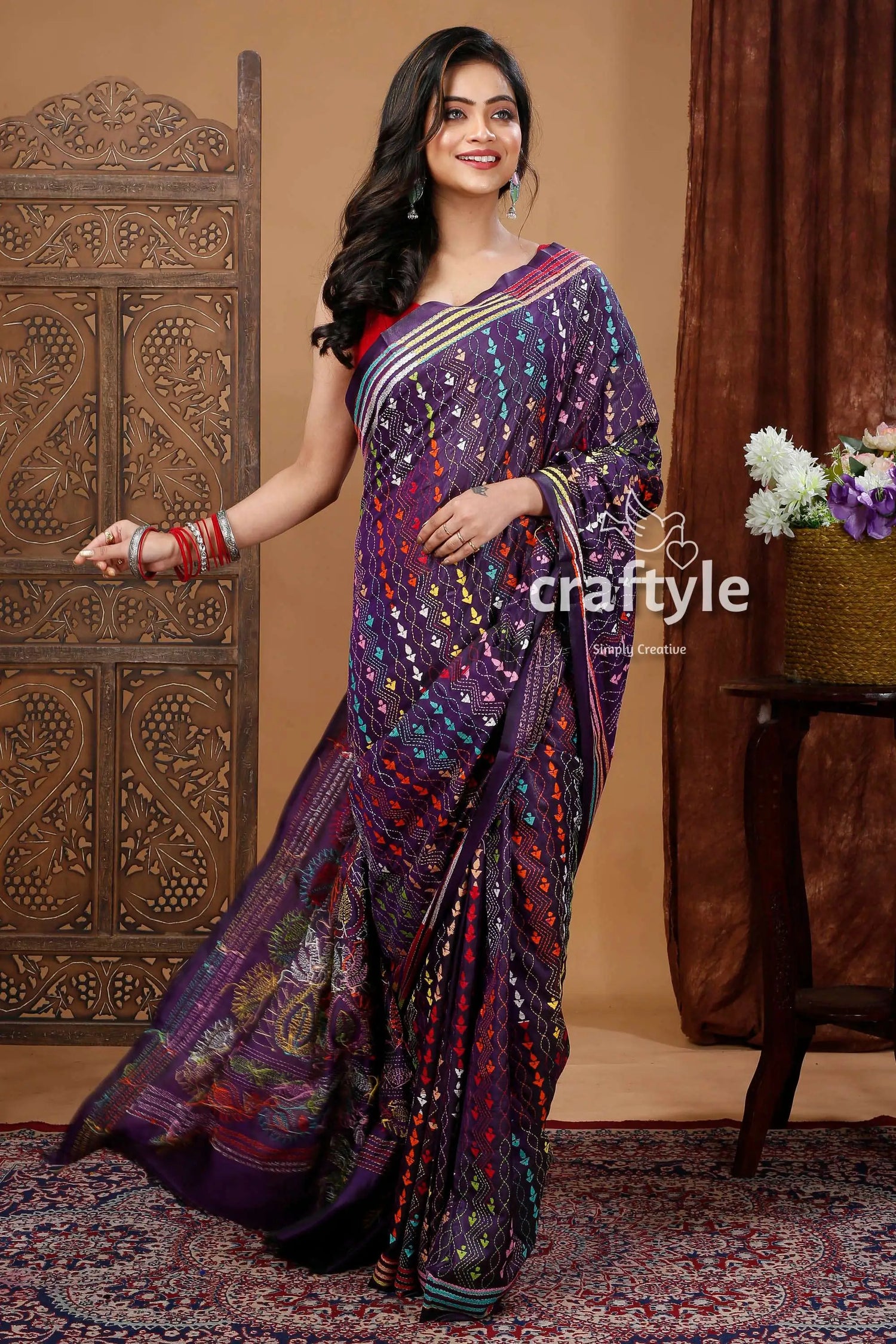 Handcrafted silk kantha stitch saree deep violet floral design woman patterned purple saree 4
