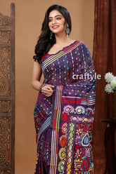 Handcrafted silk kantha stitch saree deep violet floral design woman purple patterned saree 2